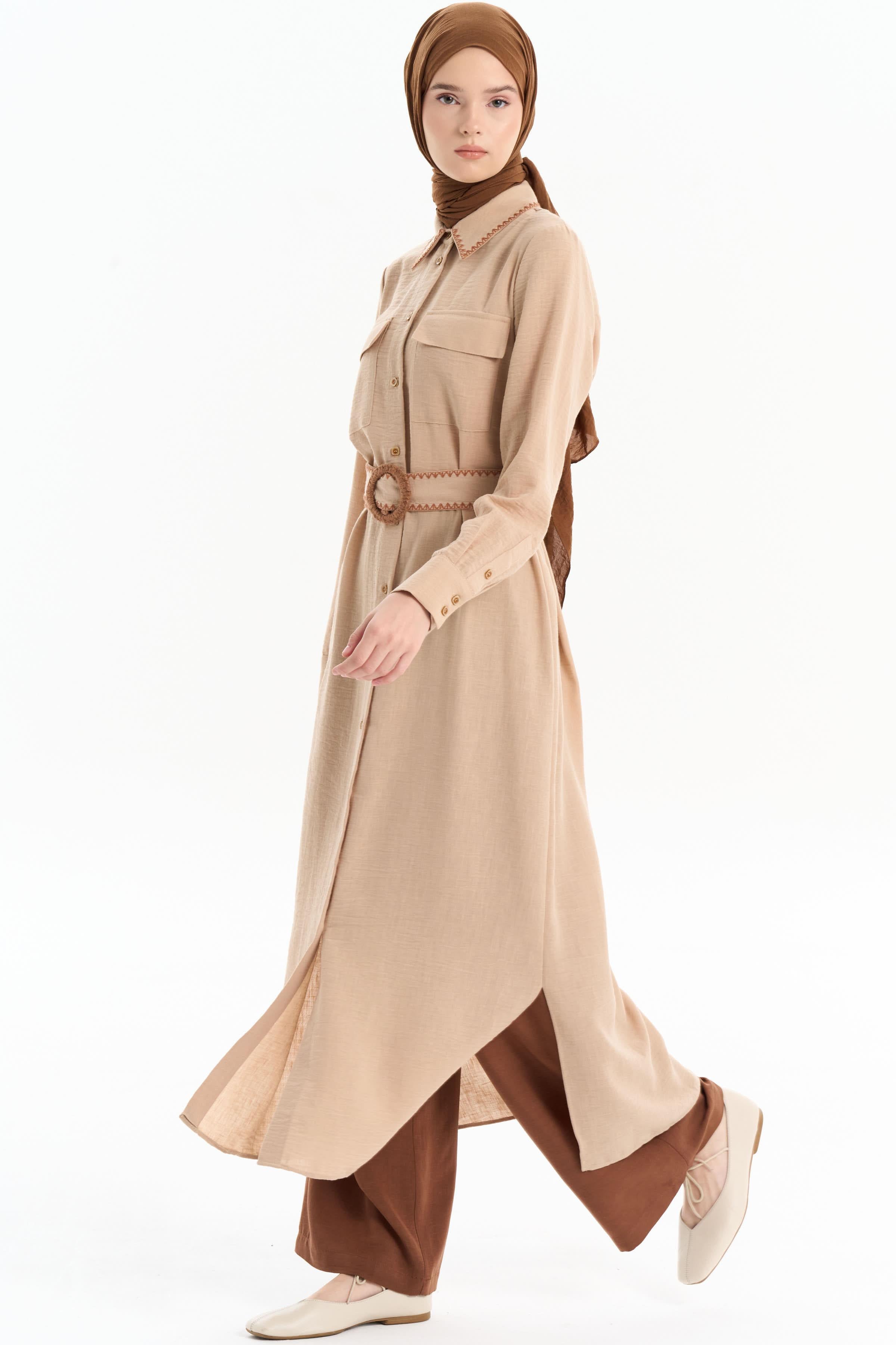 Nakışlı Bel Kemerli Uzun Tunik - Camel TUGBA