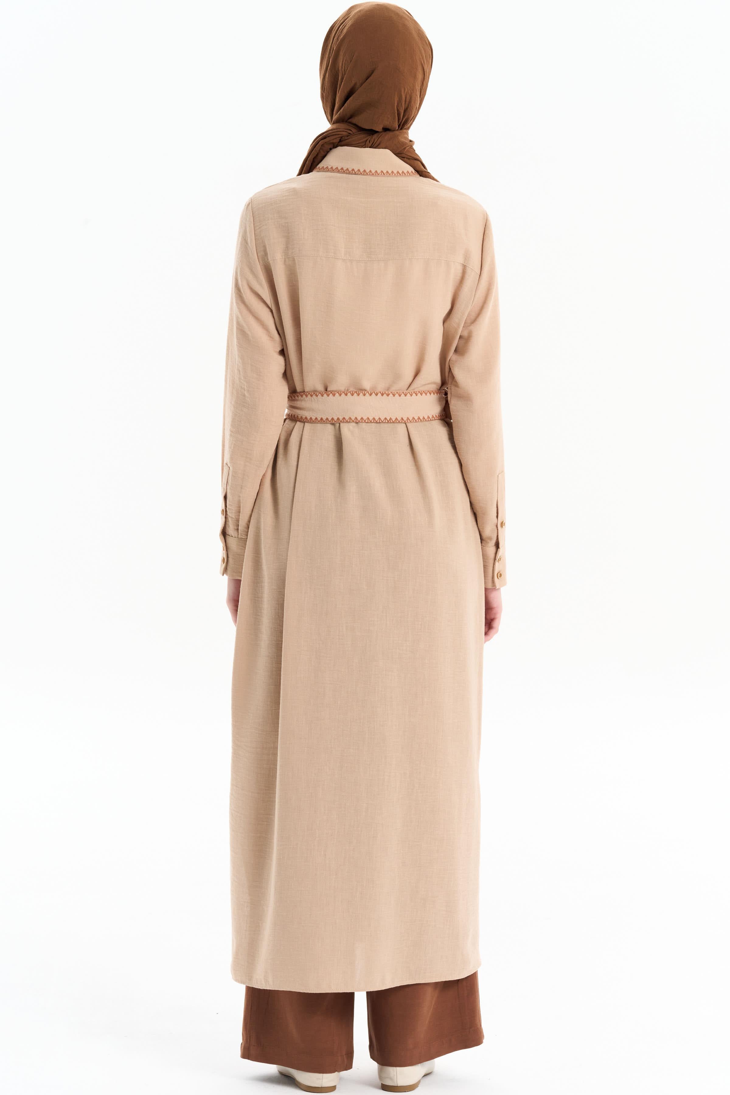 Nakışlı Bel Kemerli Uzun Tunik - Camel TUGBA