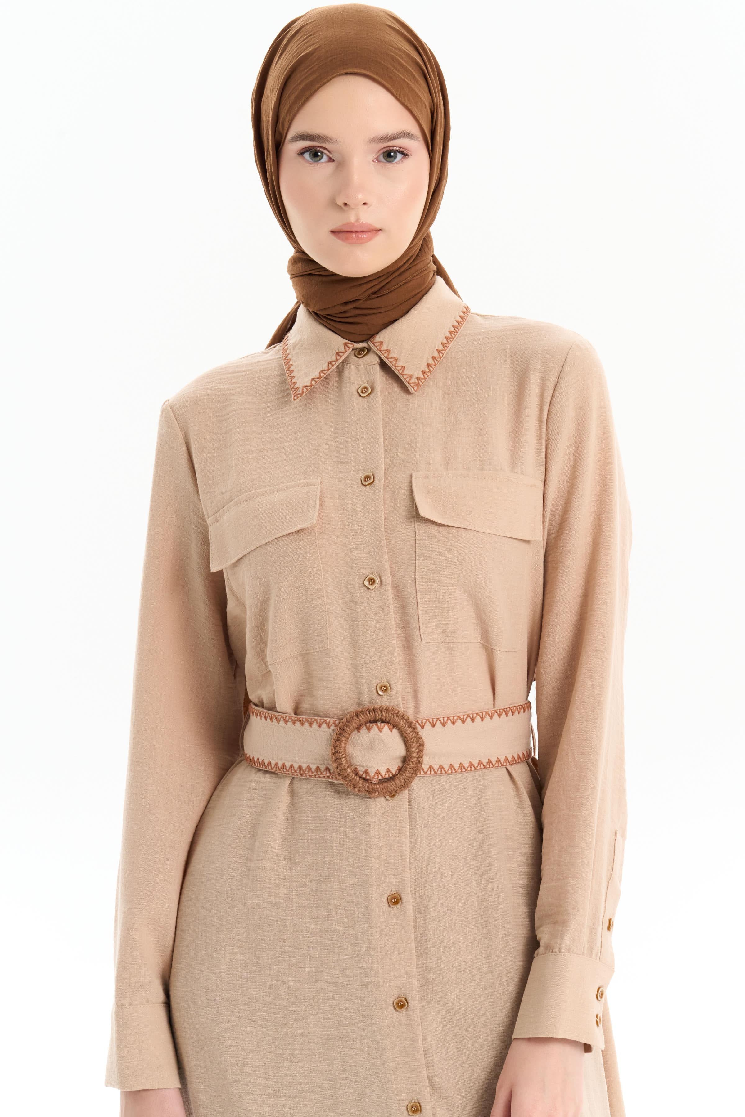 Nakışlı Bel Kemerli Uzun Tunik - Camel TUGBA