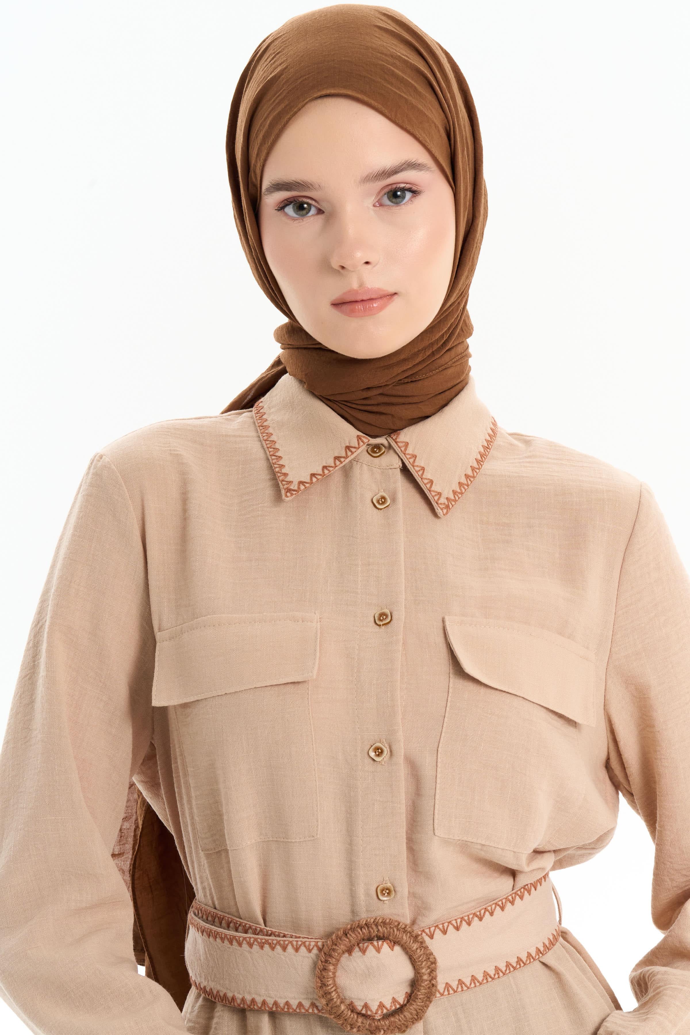 Nakışlı Bel Kemerli Uzun Tunik - Camel TUGBA