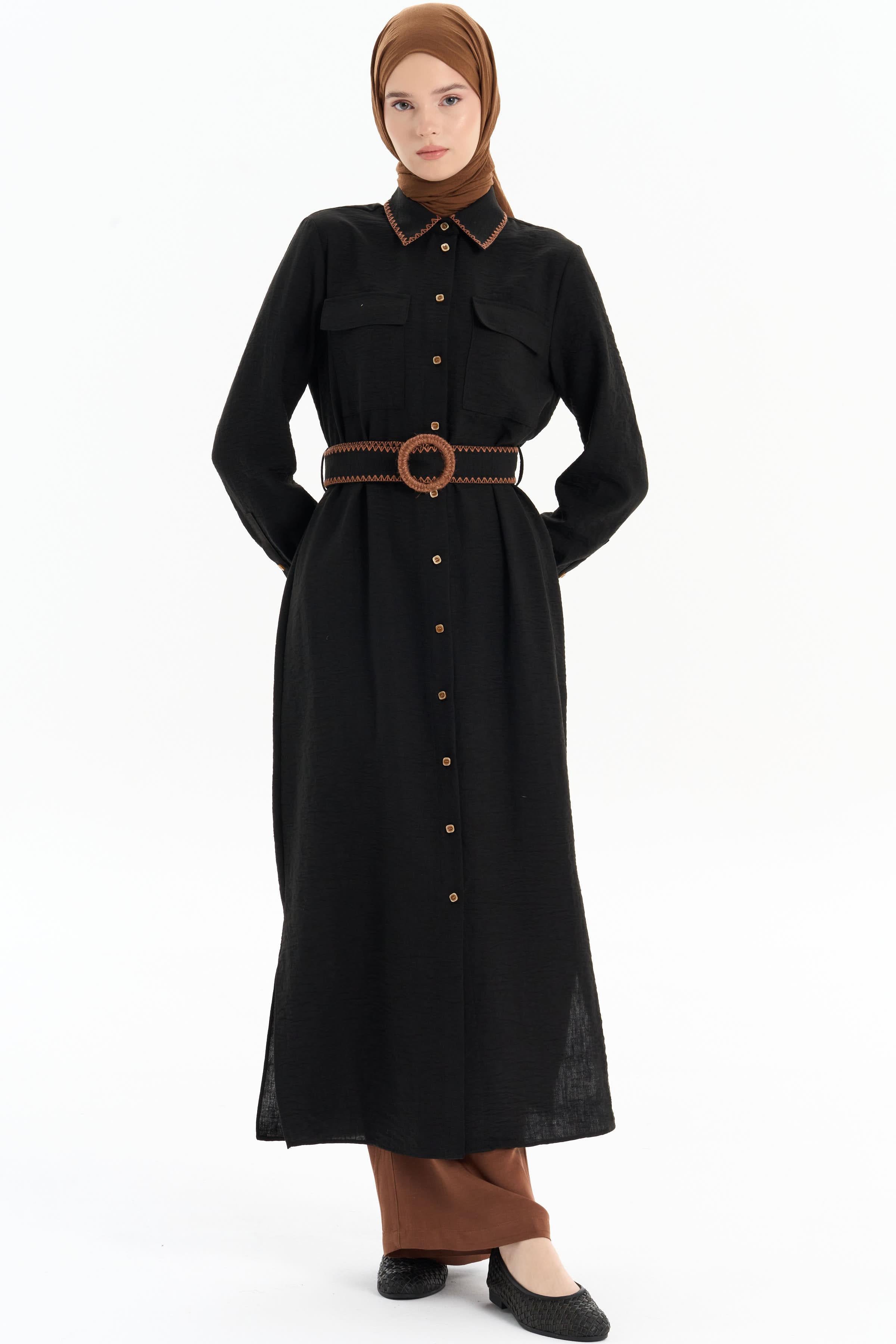 Nakışlı Bel Kemerli Uzun Tunik - Siyah TUGBA