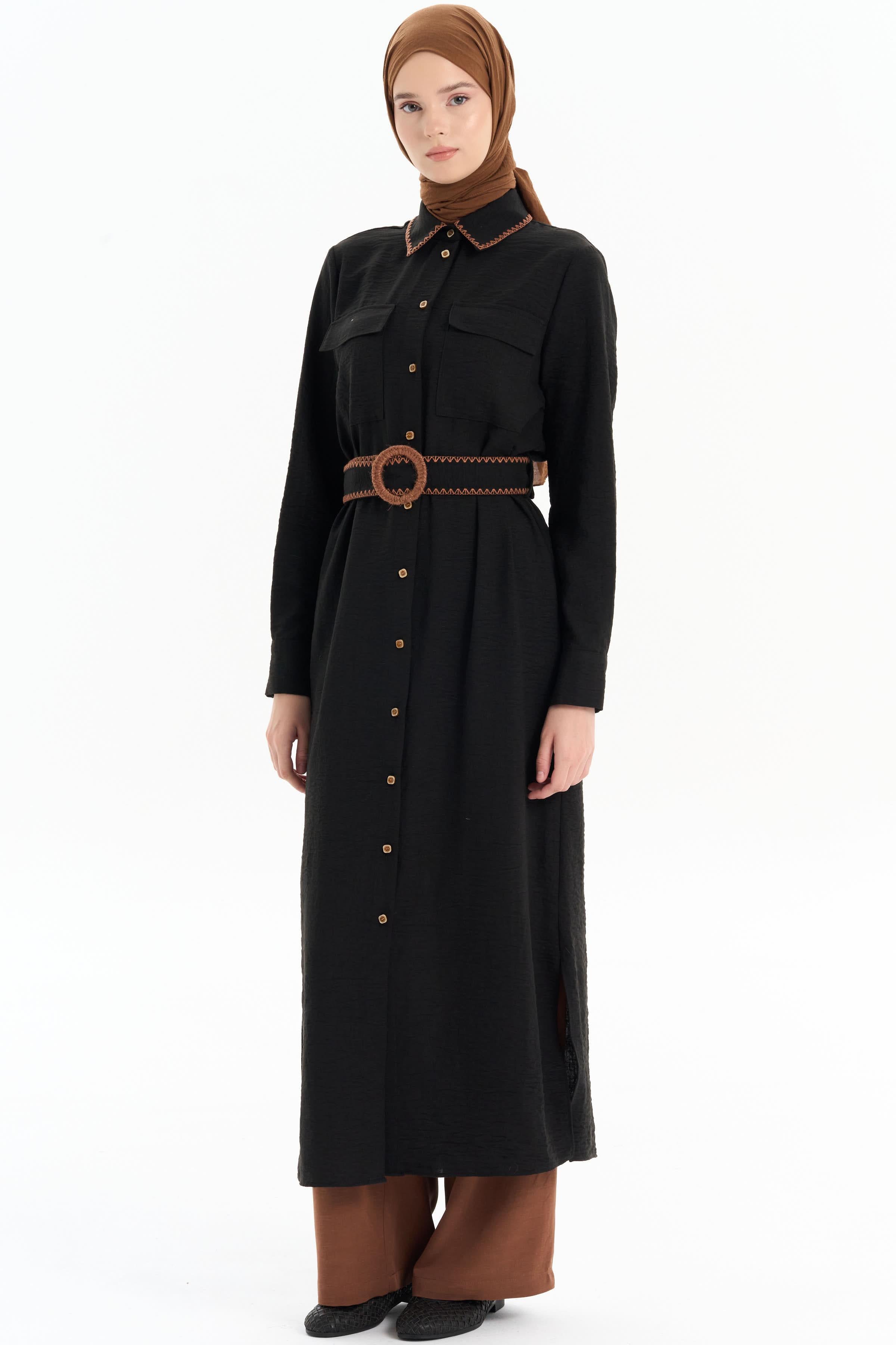 Nakışlı Bel Kemerli Uzun Tunik - Siyah TUGBA