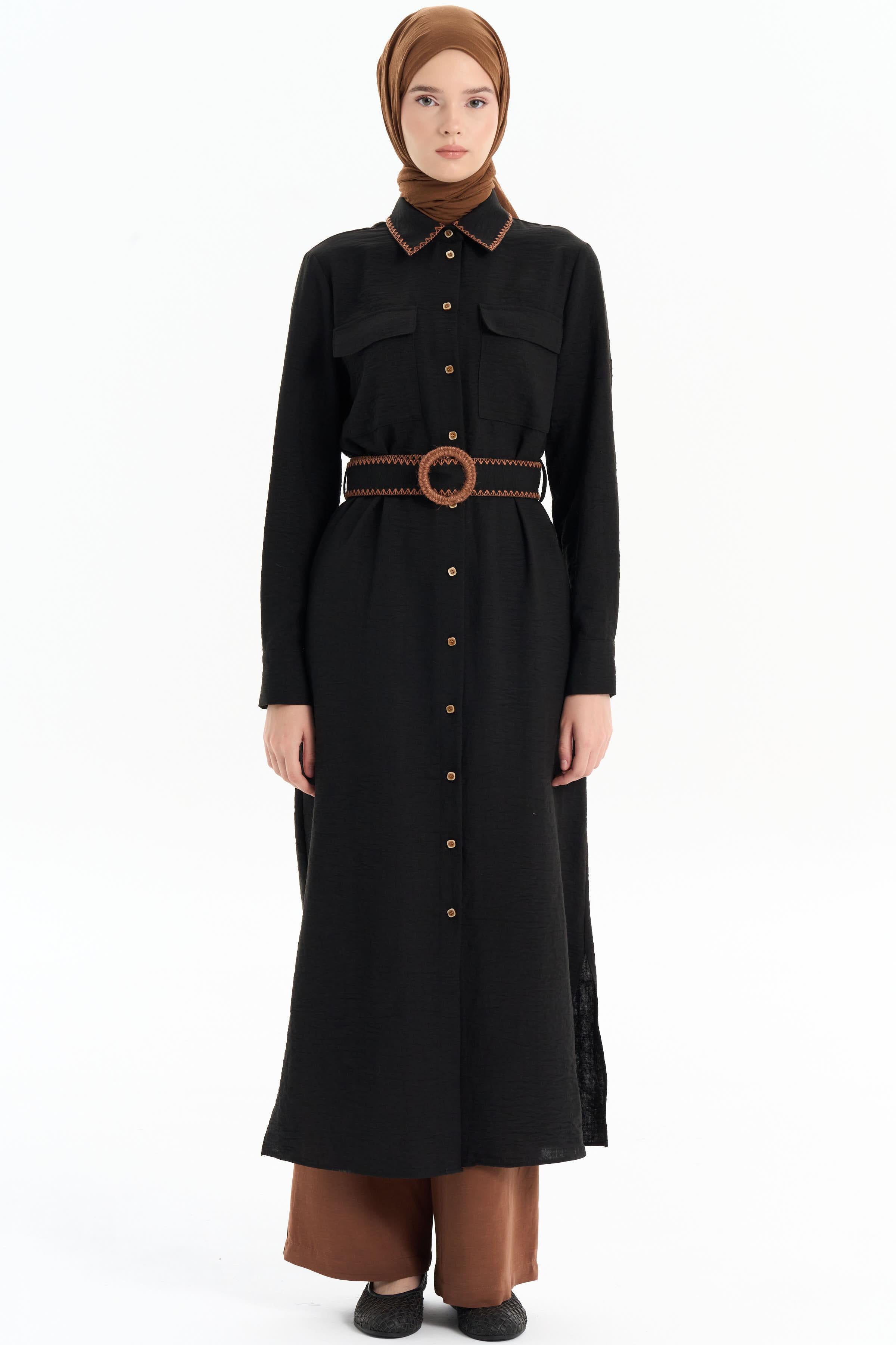 Nakışlı Bel Kemerli Uzun Tunik - Siyah TUGBA