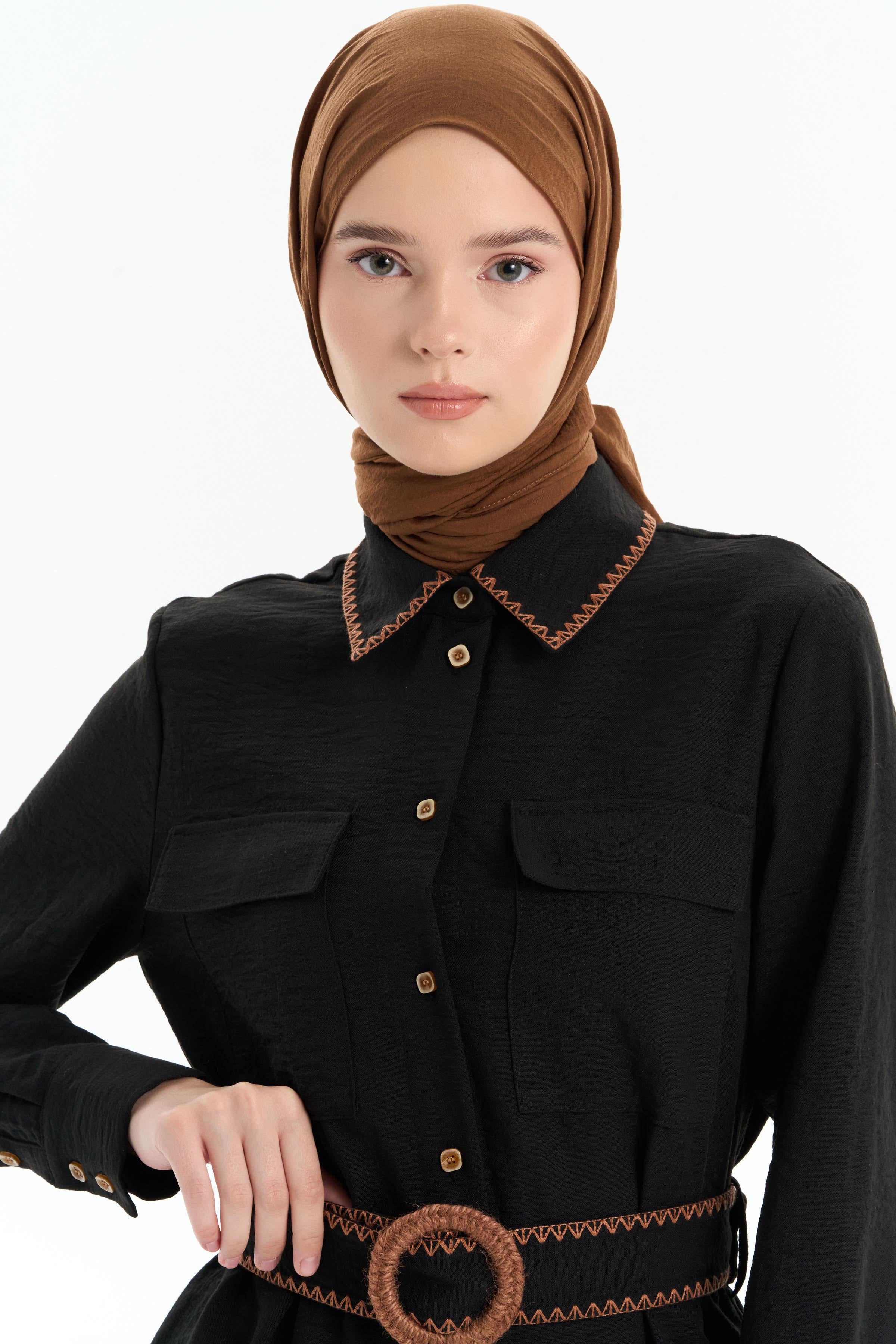 Nakışlı Bel Kemerli Uzun Tunik - Siyah TUGBA