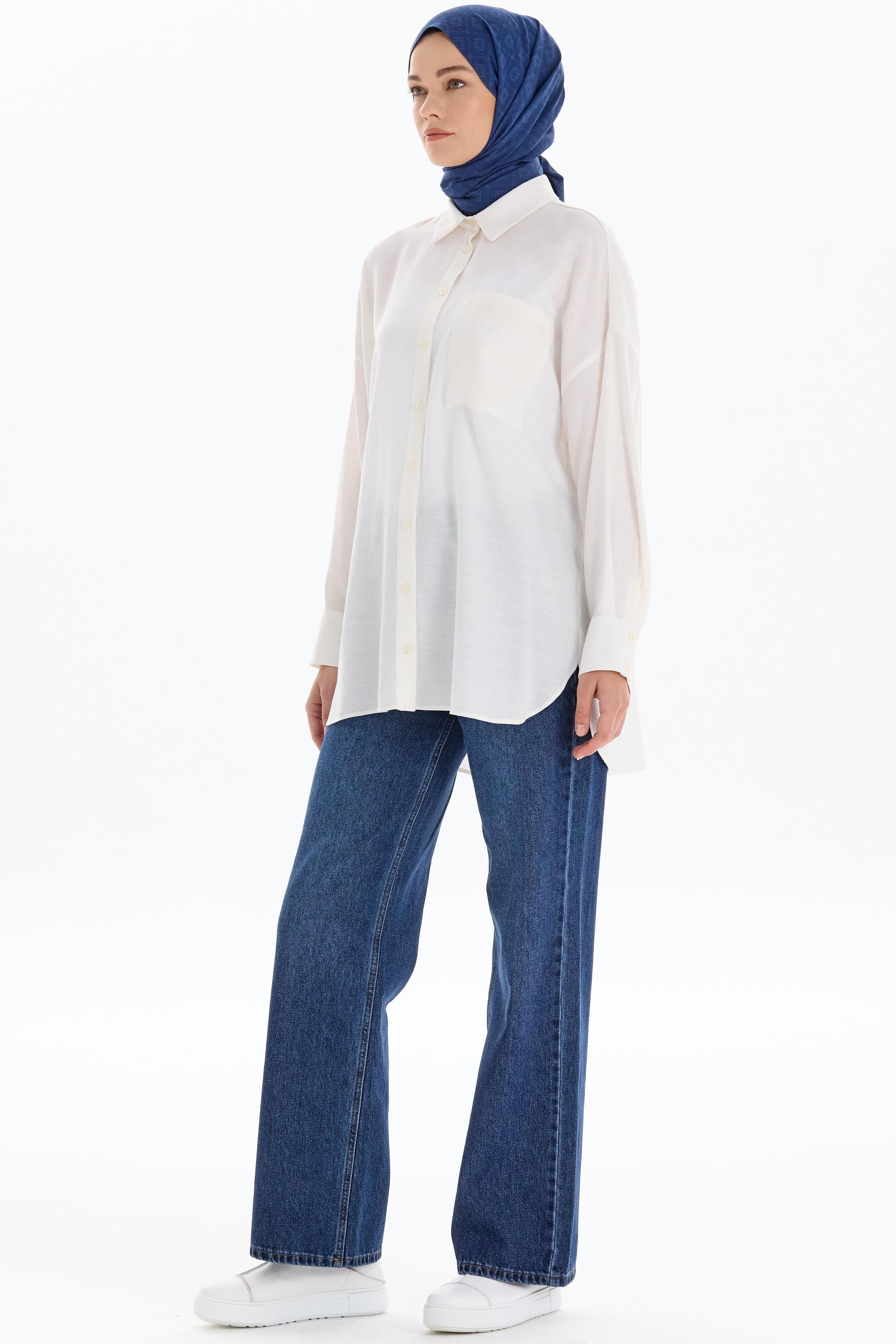 Nakışlı Cep Detaylı Gömlek - Ekru TUGBA