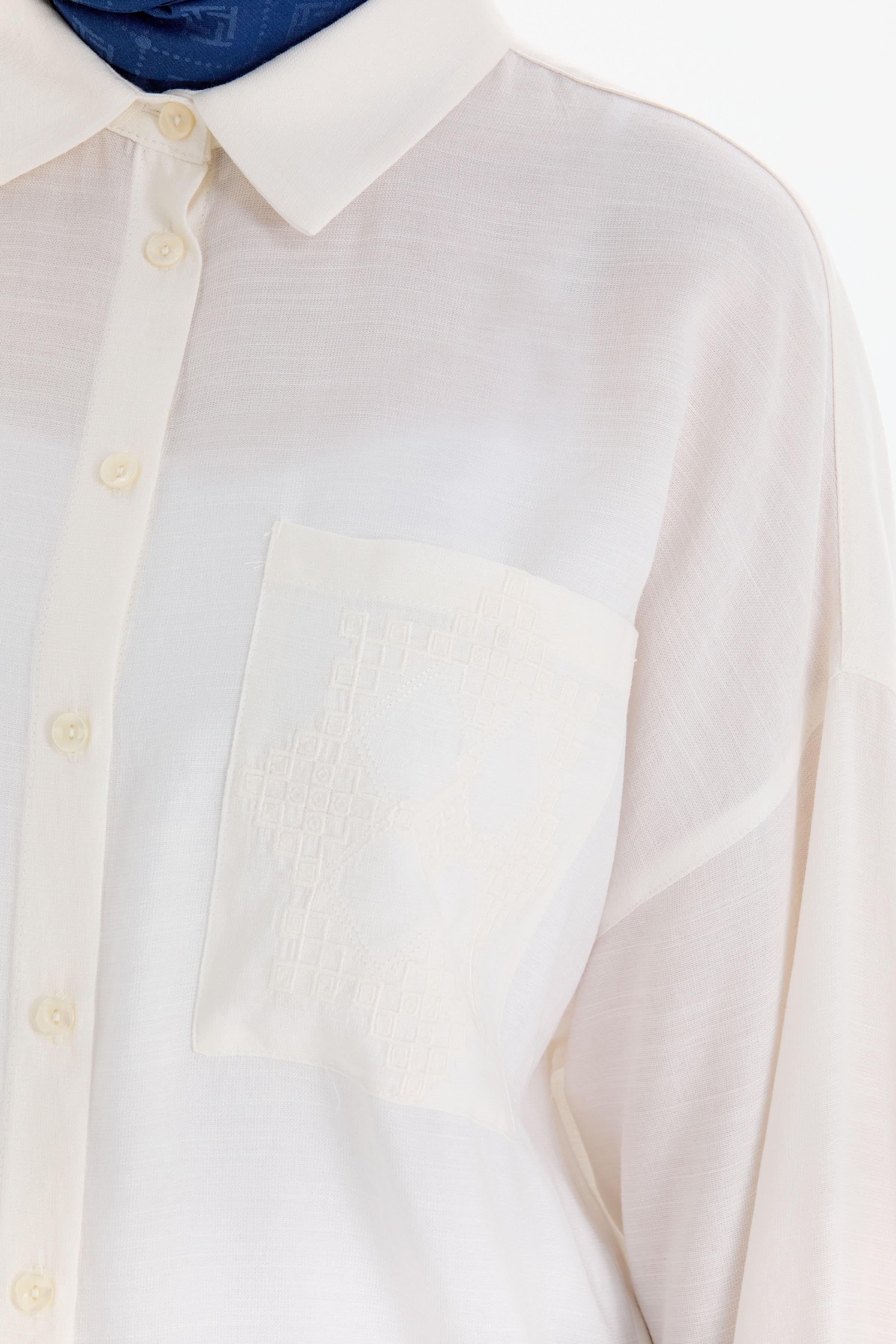 Nakışlı Cep Detaylı Gömlek - Ekru TUGBA