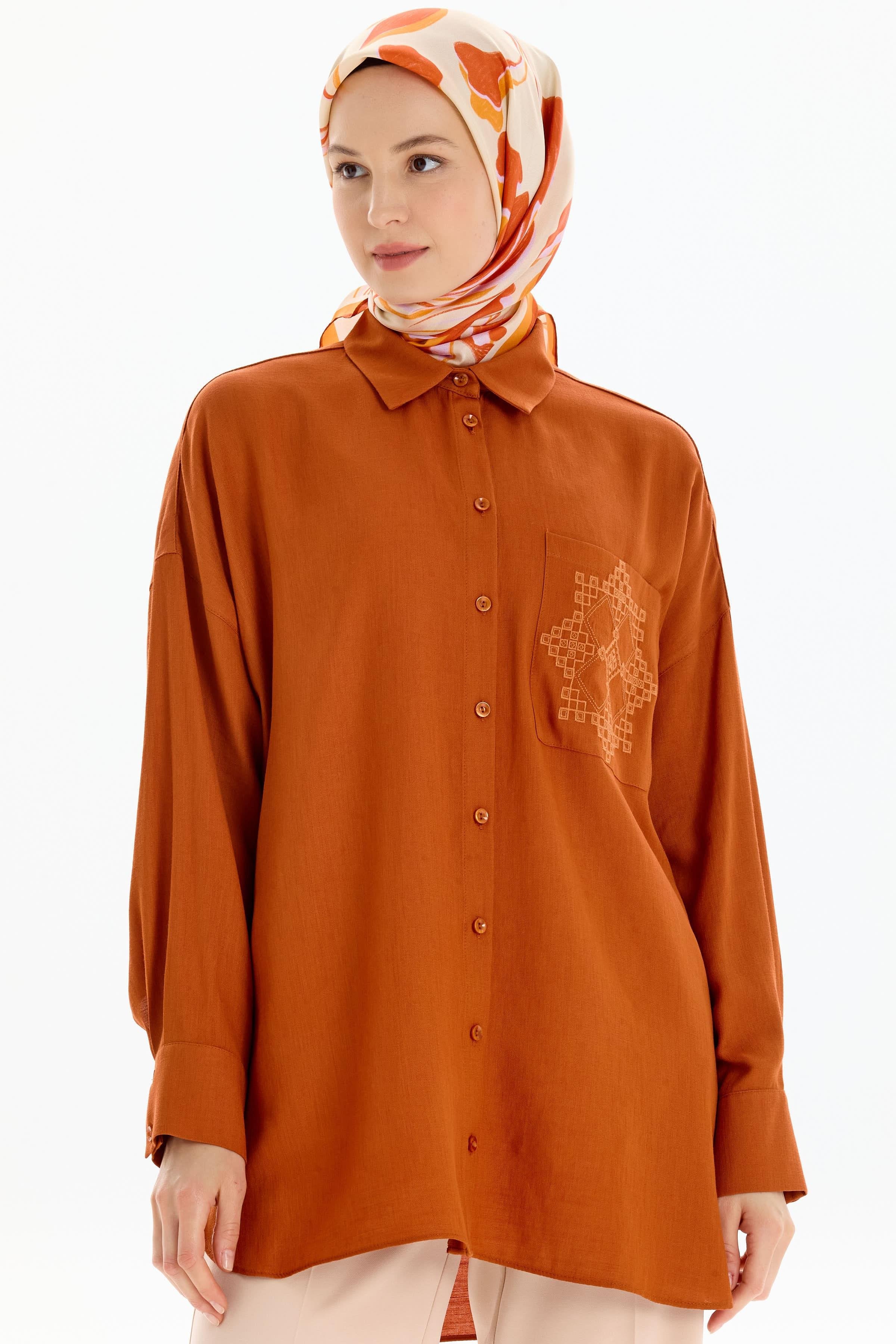 Nakışlı Cep Detaylı Gömlek - Kiremit TUGBA