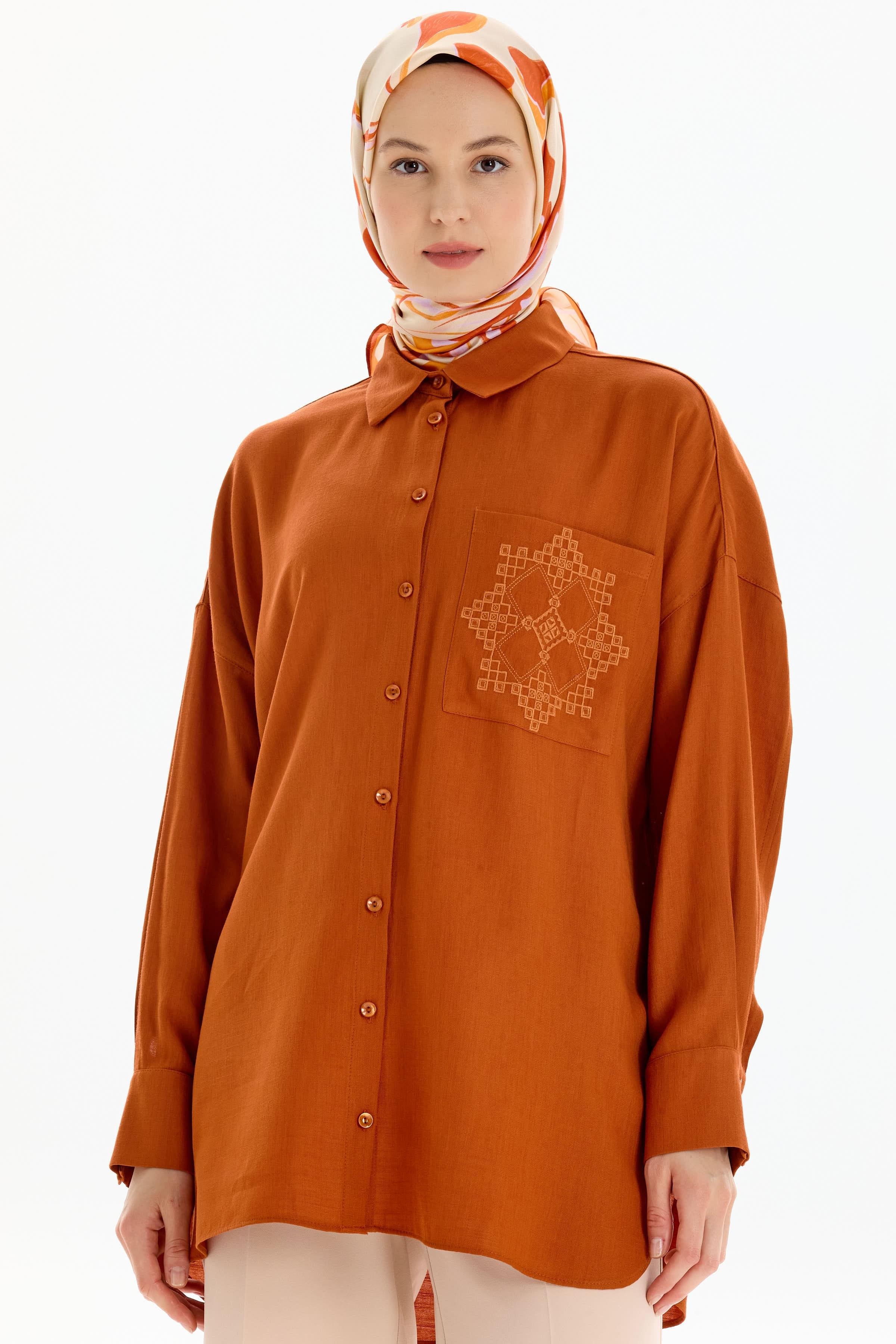 Nakışlı Cep Detaylı Gömlek - Kiremit TUGBA