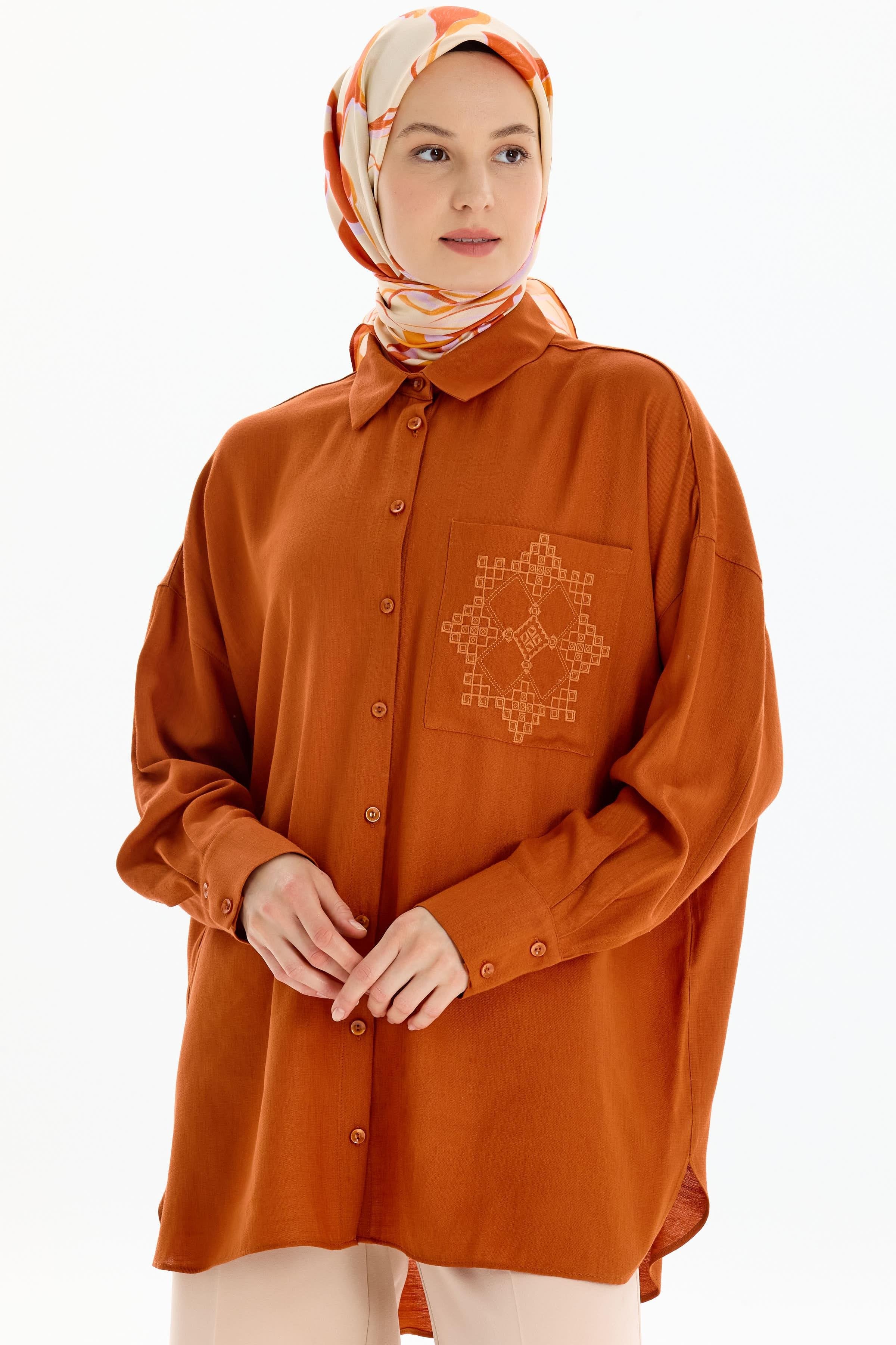 Nakışlı Cep Detaylı Gömlek - Kiremit TUGBA