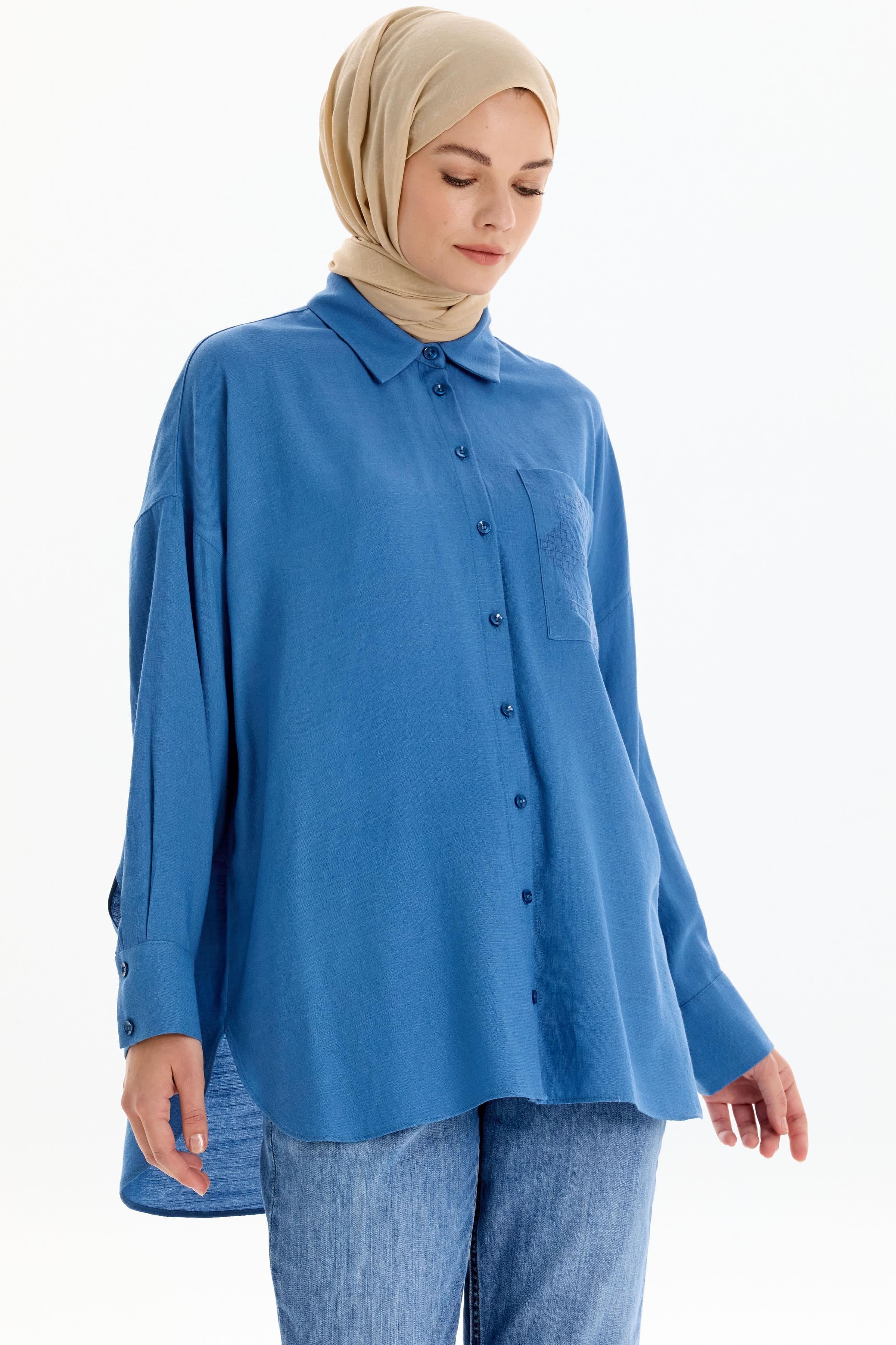 Nakışlı Cep Detaylı Gömlek - Mavi TUGBA