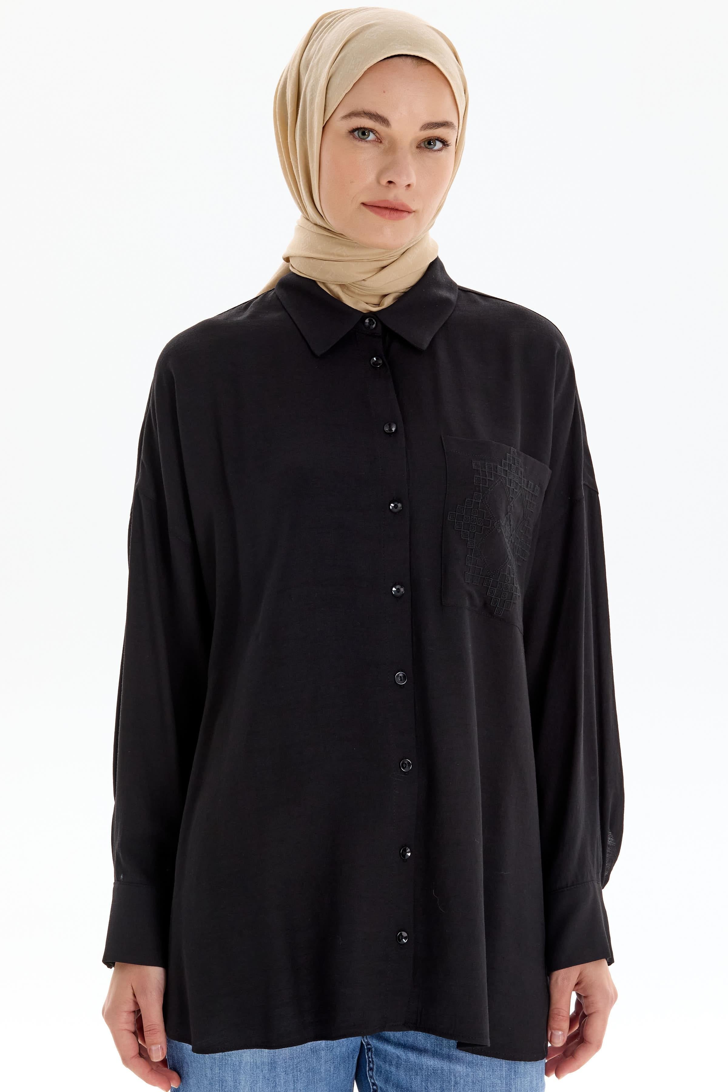 Nakışlı Cep Detaylı Gömlek - Siyah TUGBA