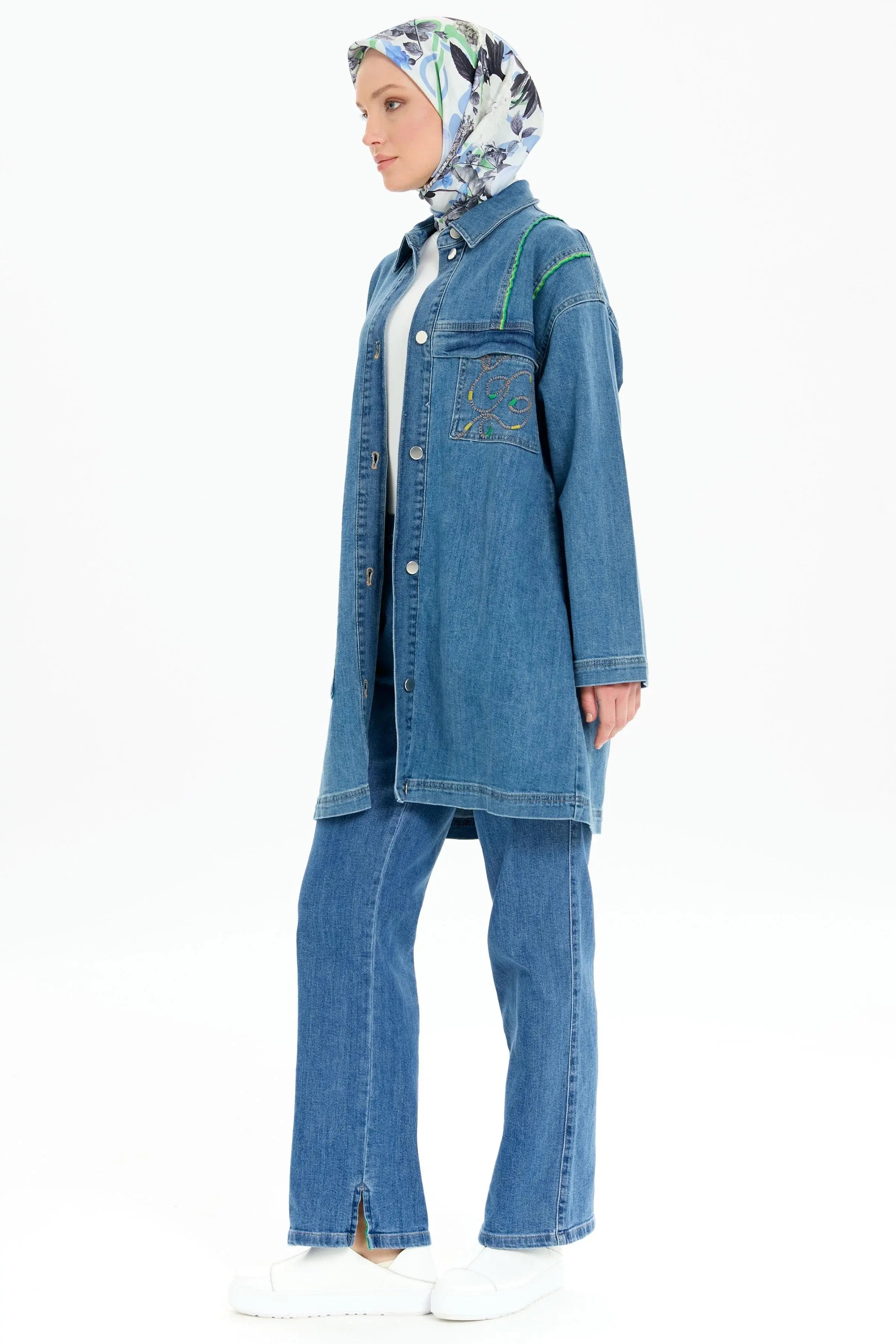 Nakışlı Denim Ceket - İndigo TUGBA