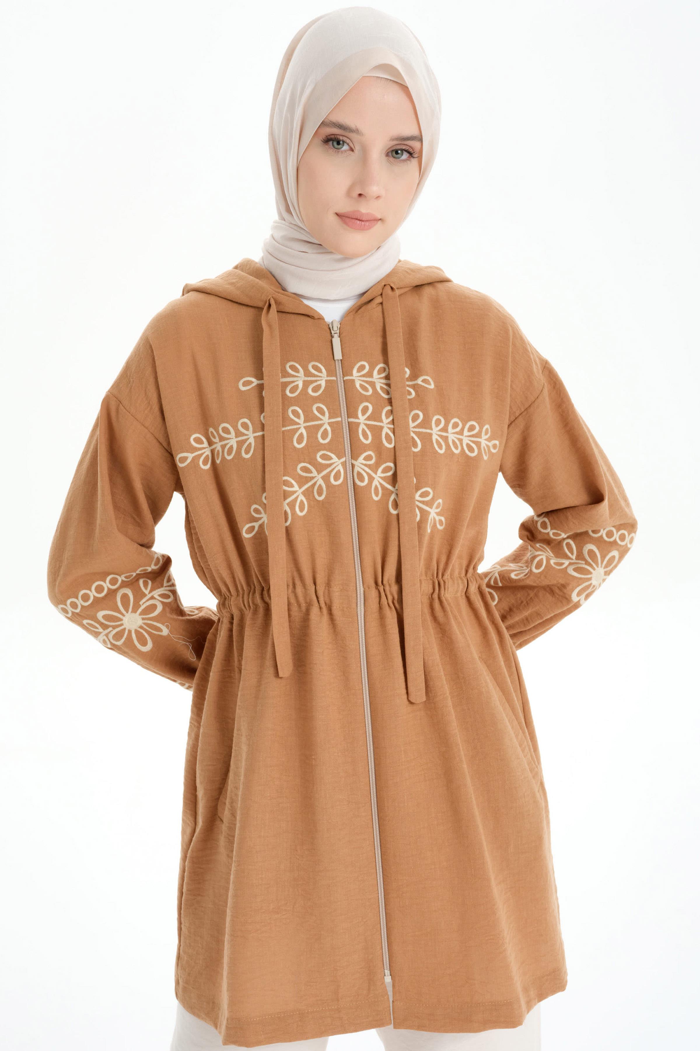 Nakışlı Fermuar Kapamalı Giy Çık - Taba TUGBA