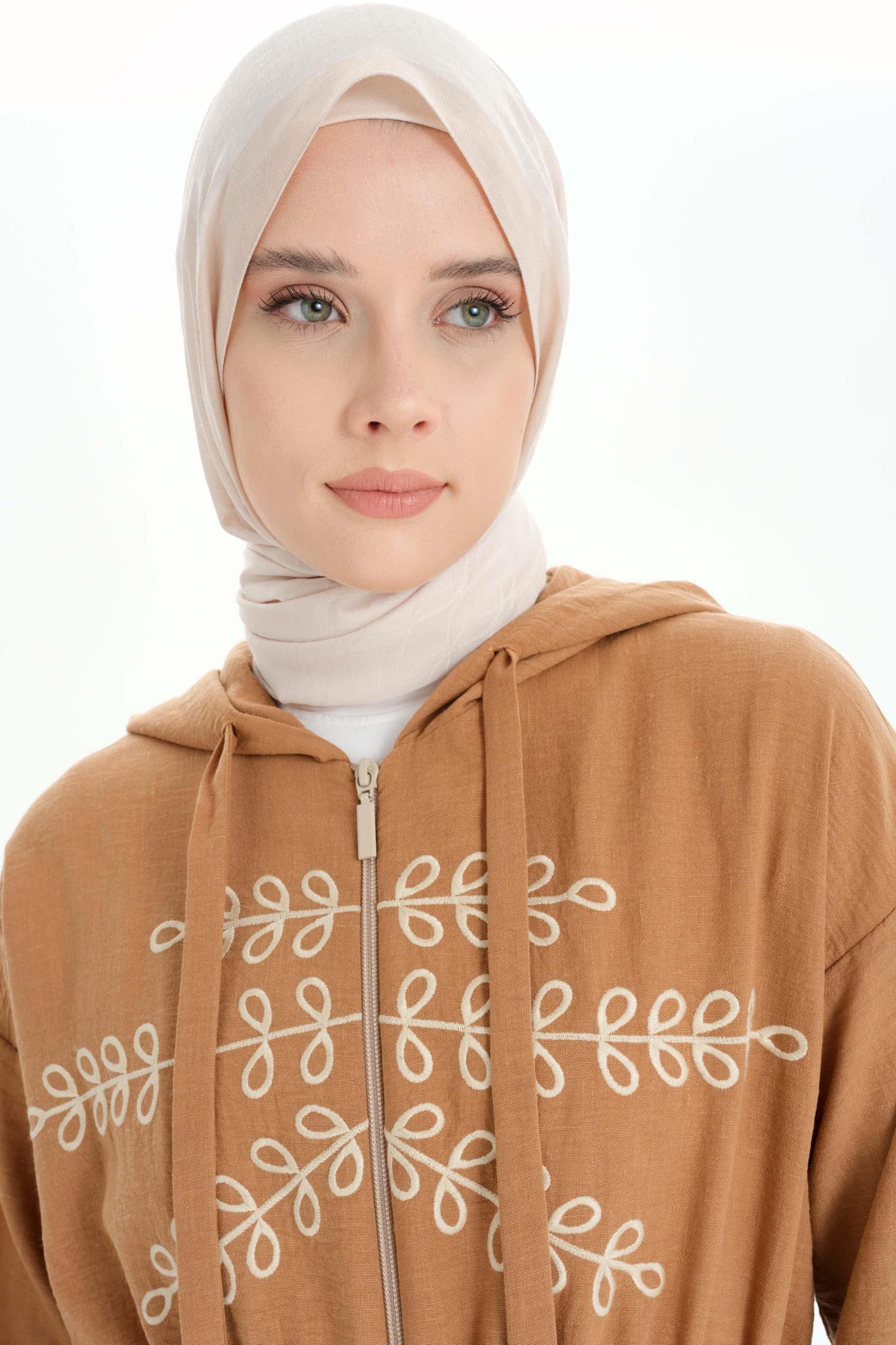 Nakışlı Fermuar Kapamalı Giy Çık - Taba TUGBA