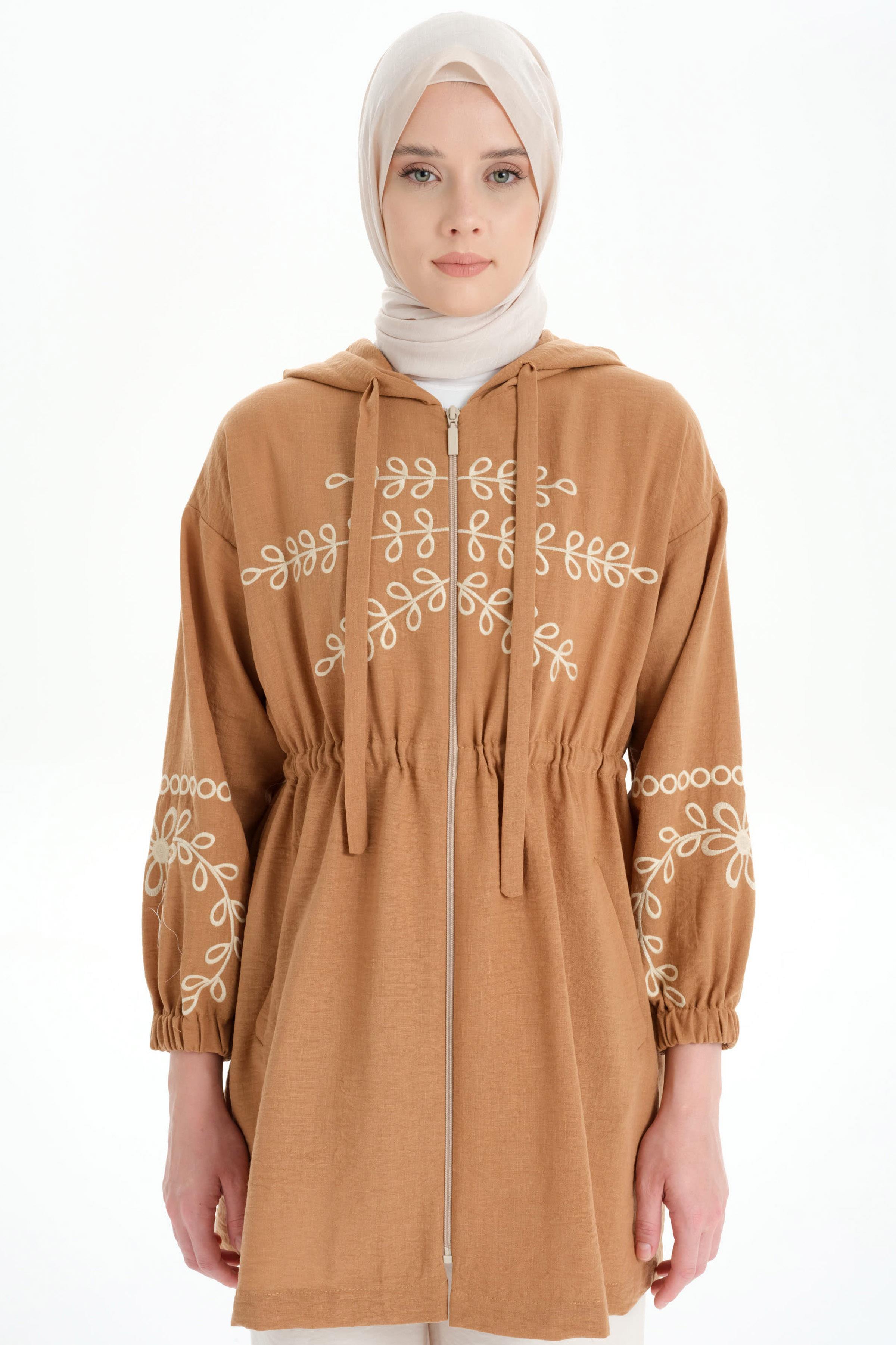 Nakışlı Fermuar Kapamalı Giy Çık - Taba TUGBA