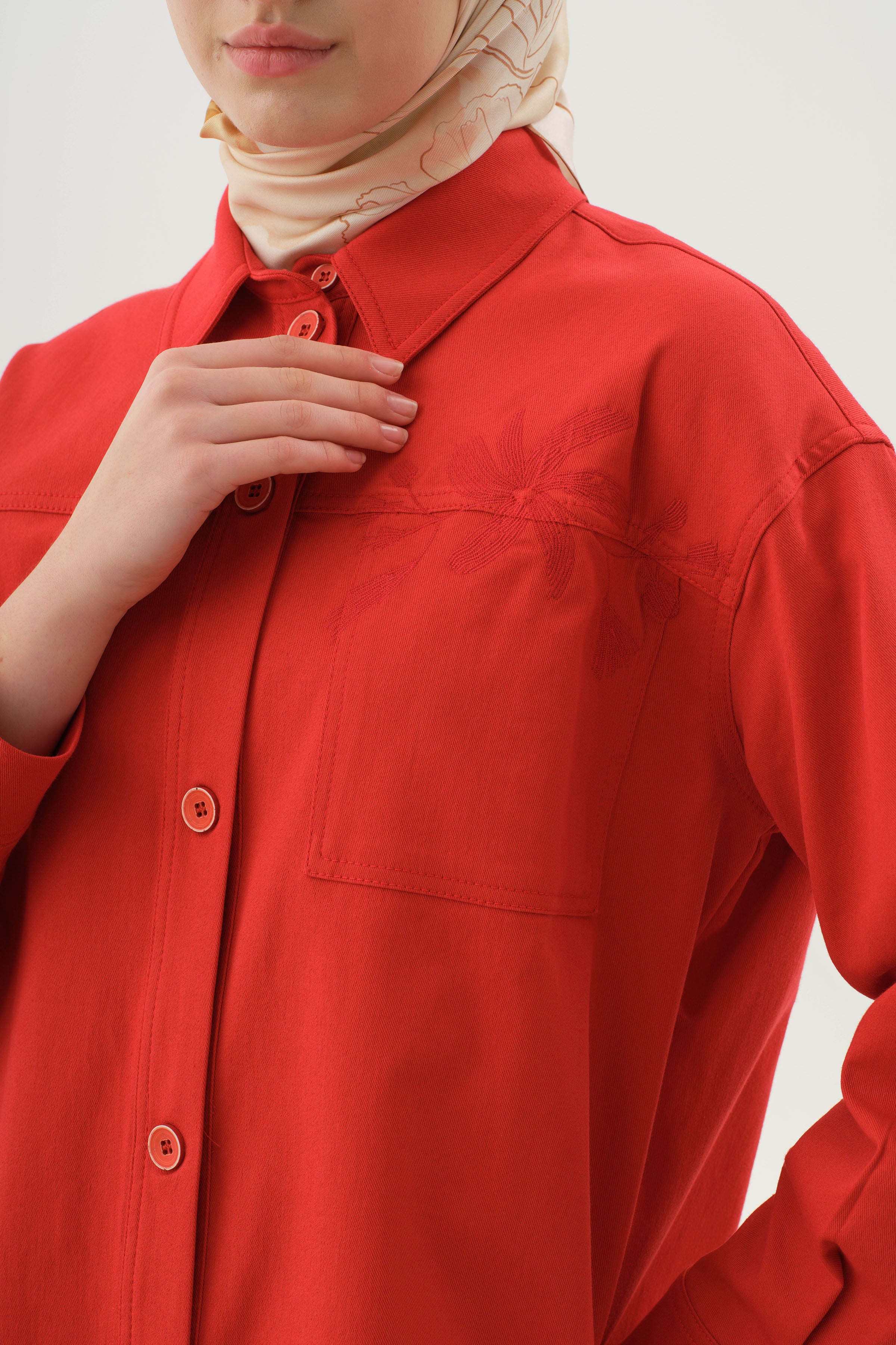 Nakışlı Gizli Cepli Gömlek - Mercan TUGBA