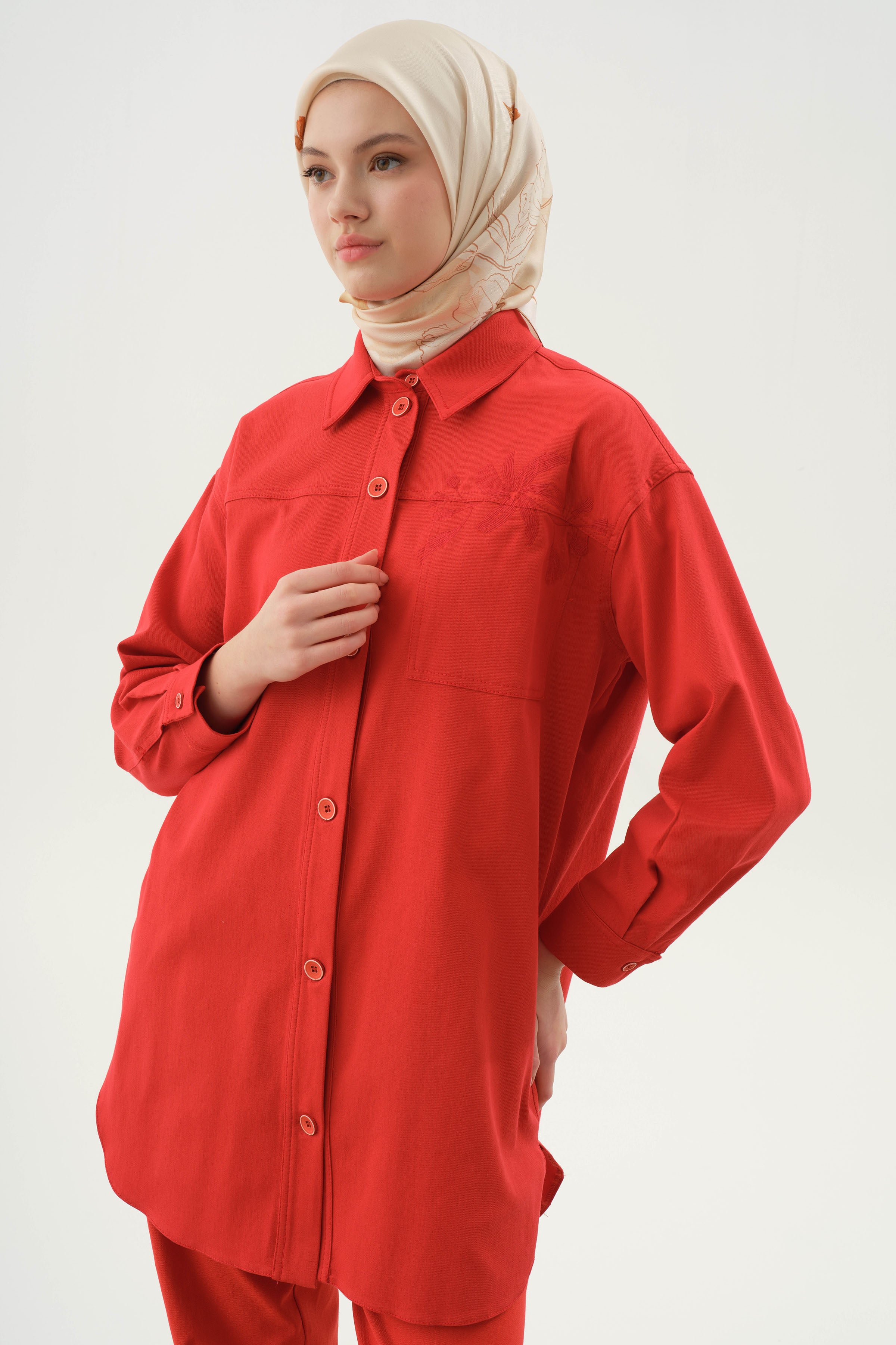 Nakışlı Gizli Cepli Gömlek - Mercan TUGBA