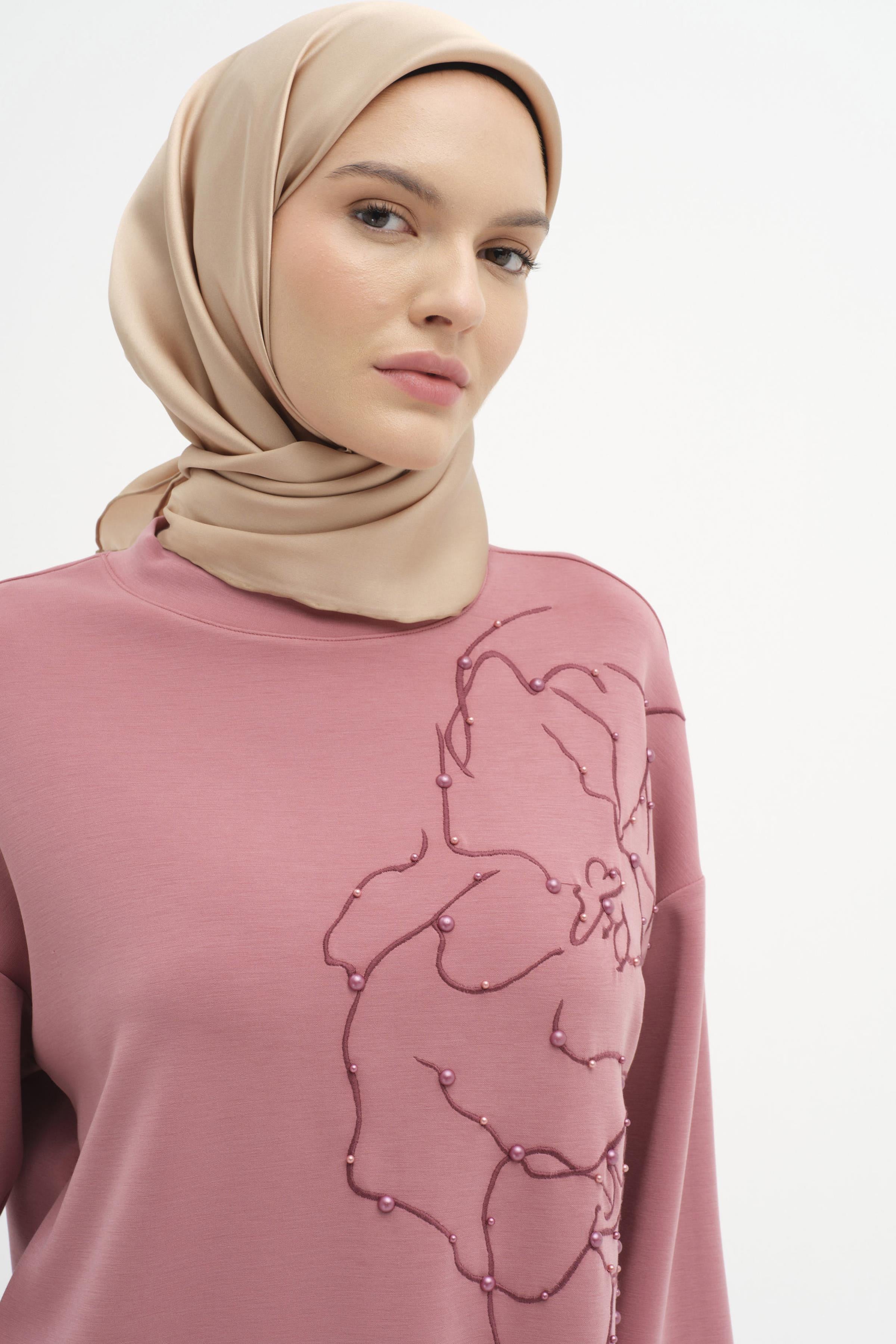 Nakışlı Ve İncili Örme Sweat - Gül Kurusu TUGBA