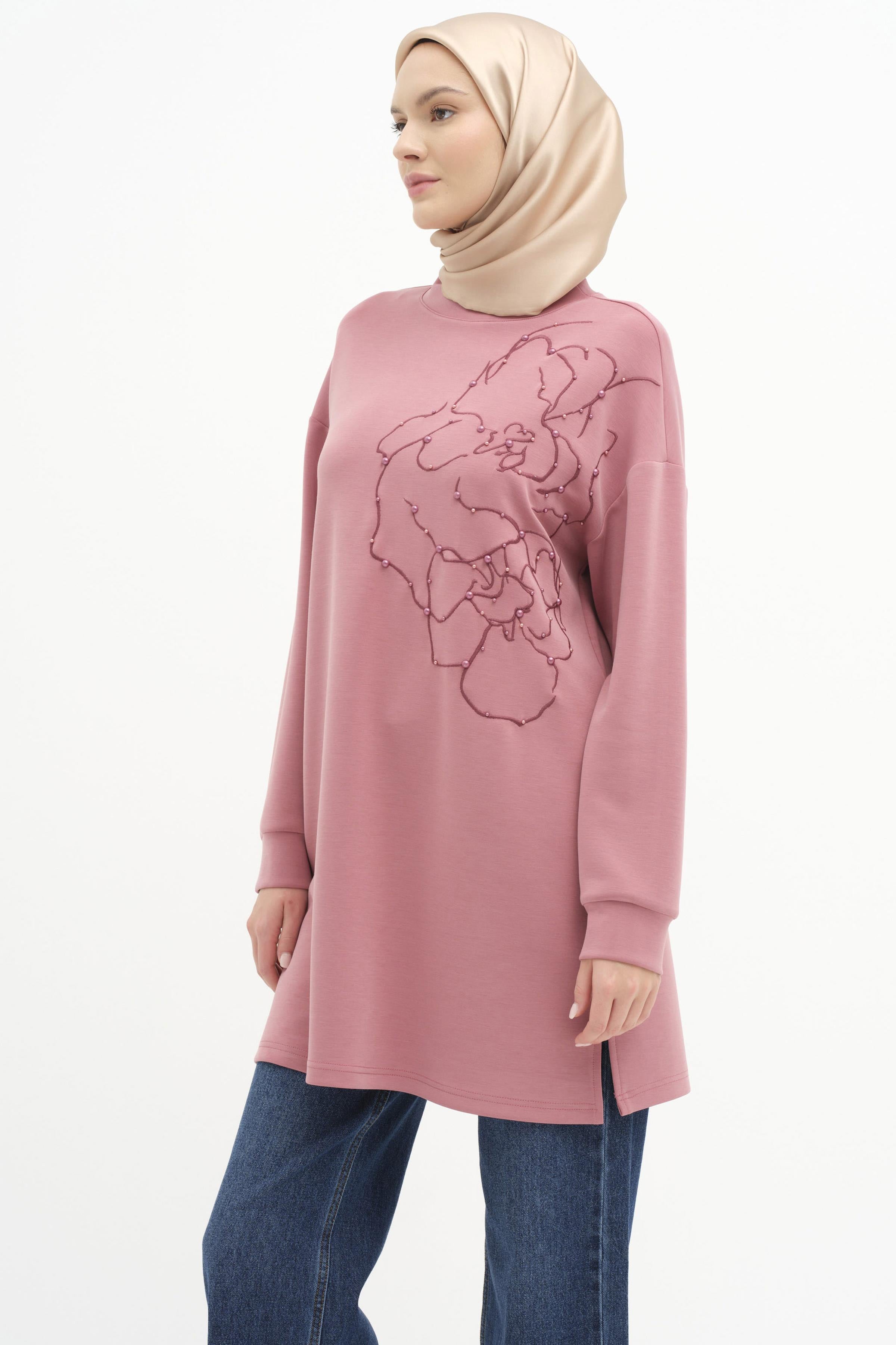 Nakışlı Ve İncili Örme Sweat - Gül Kurusu TUGBA