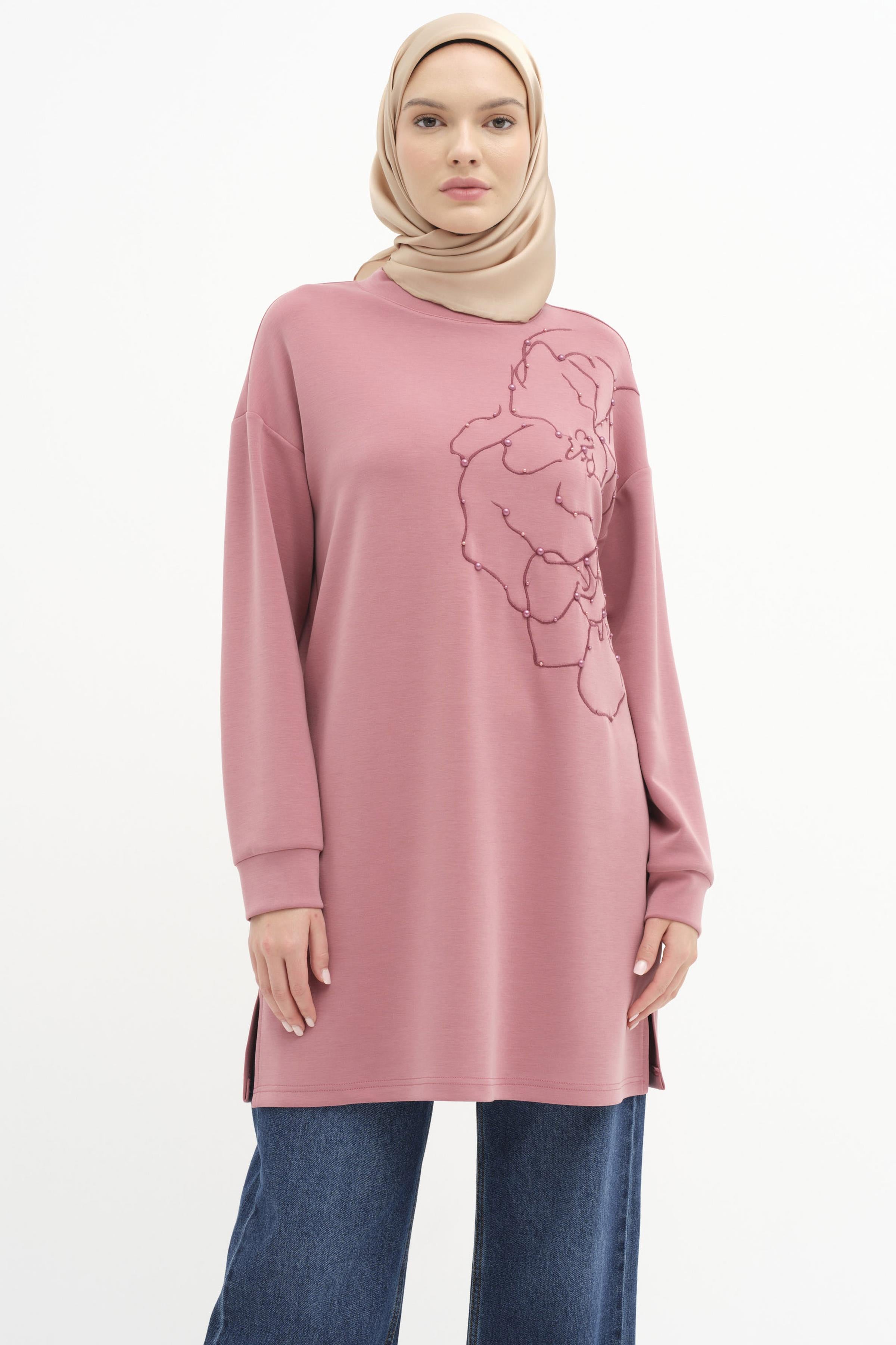 Nakışlı Ve İncili Örme Sweat - Gül Kurusu TUGBA