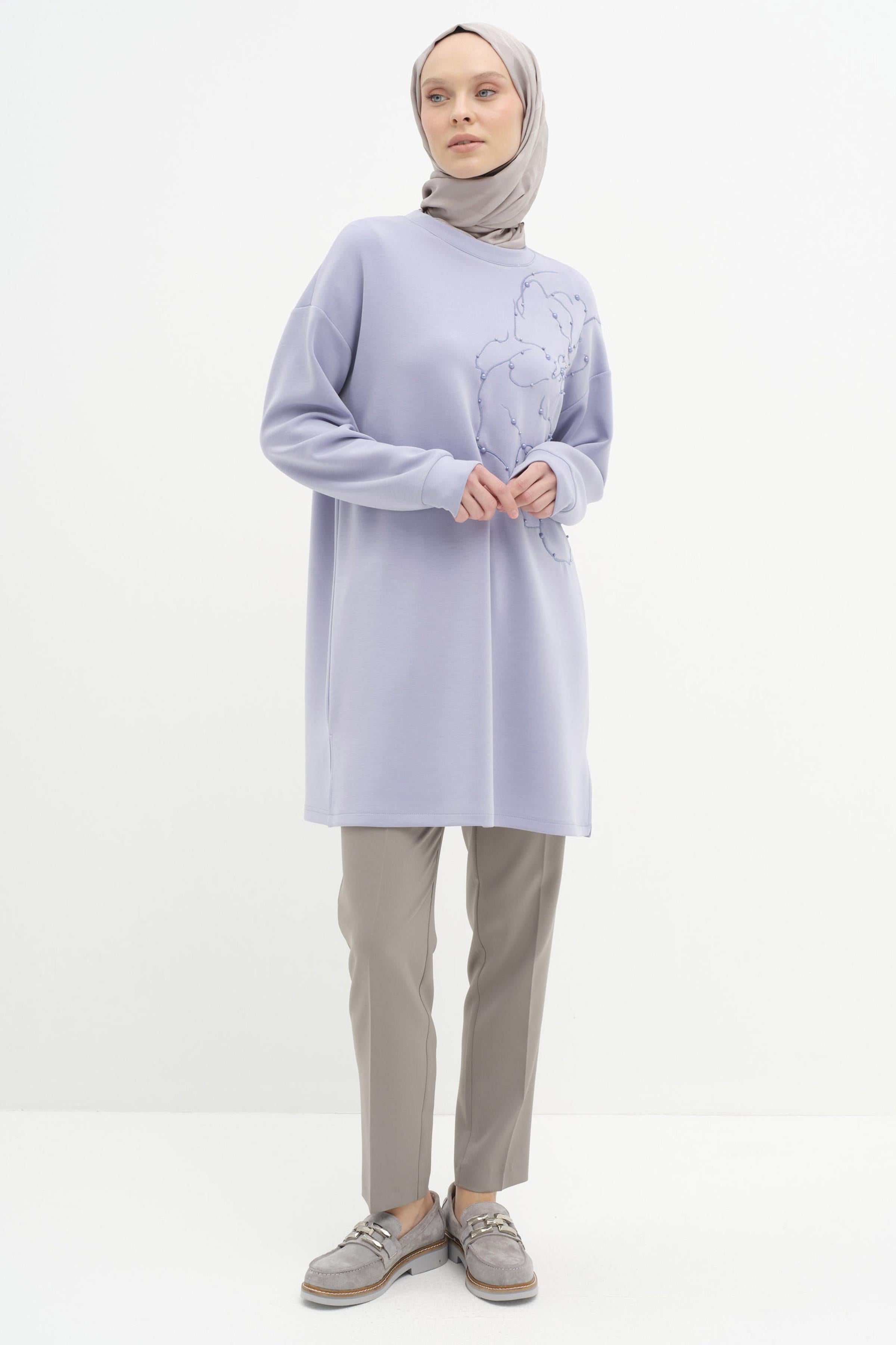 Nakışlı Ve İncili Örme Sweat - Lila TUGBA