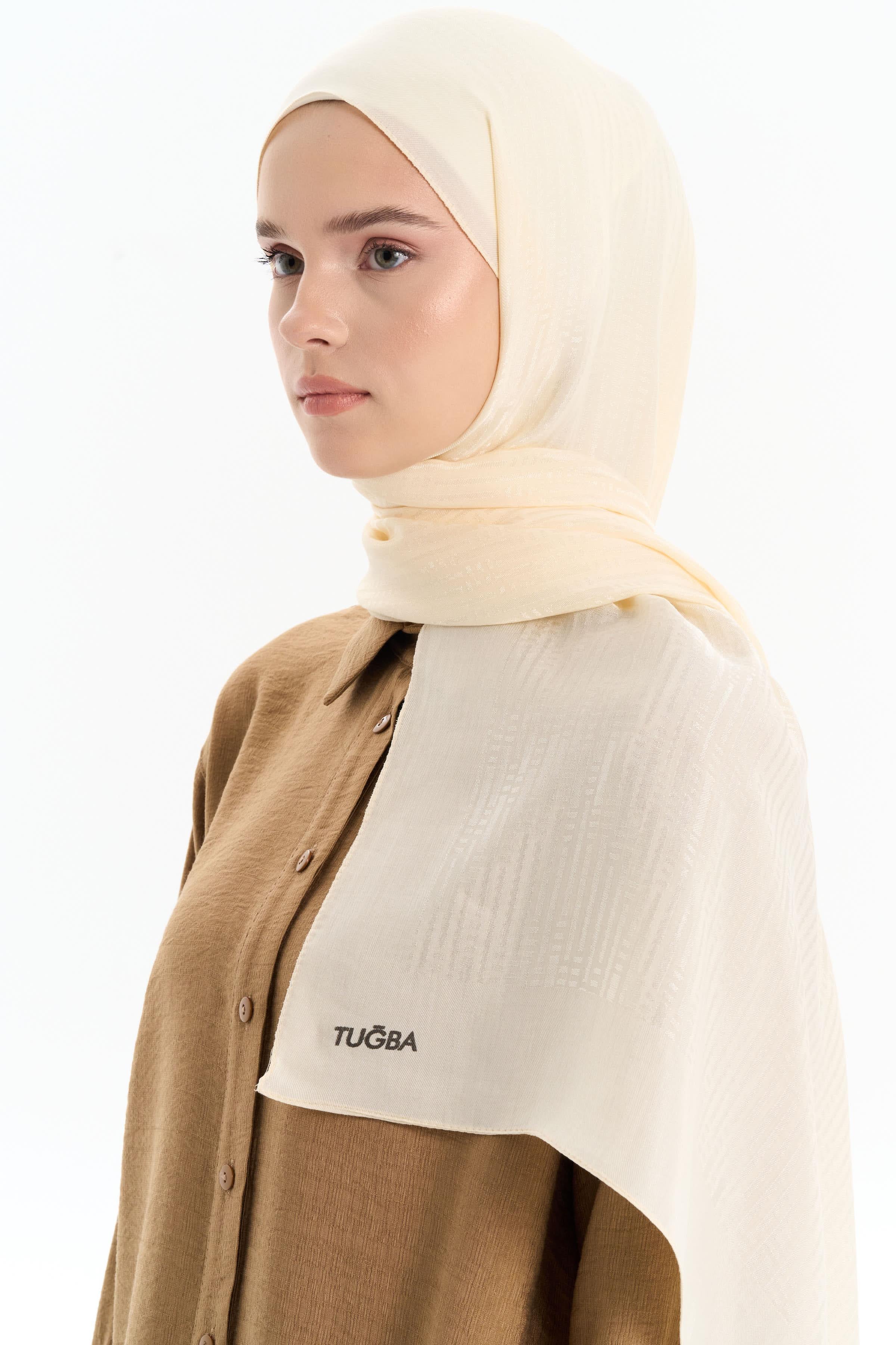 Natural Çizgisel Desenli Şal - Ekru TUGBA