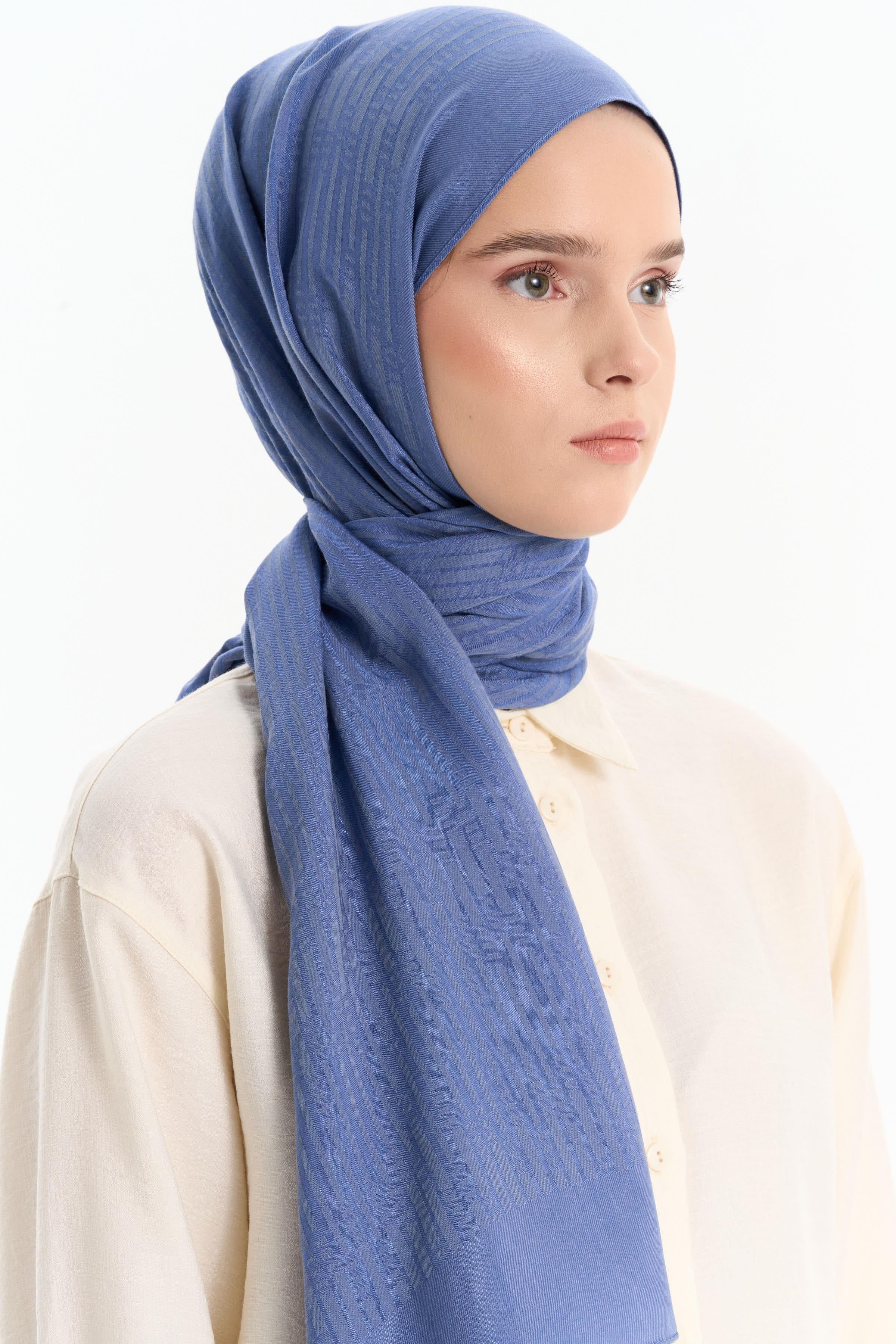 Natural Çizgisel Desenli Şal - İndigo TUGBA