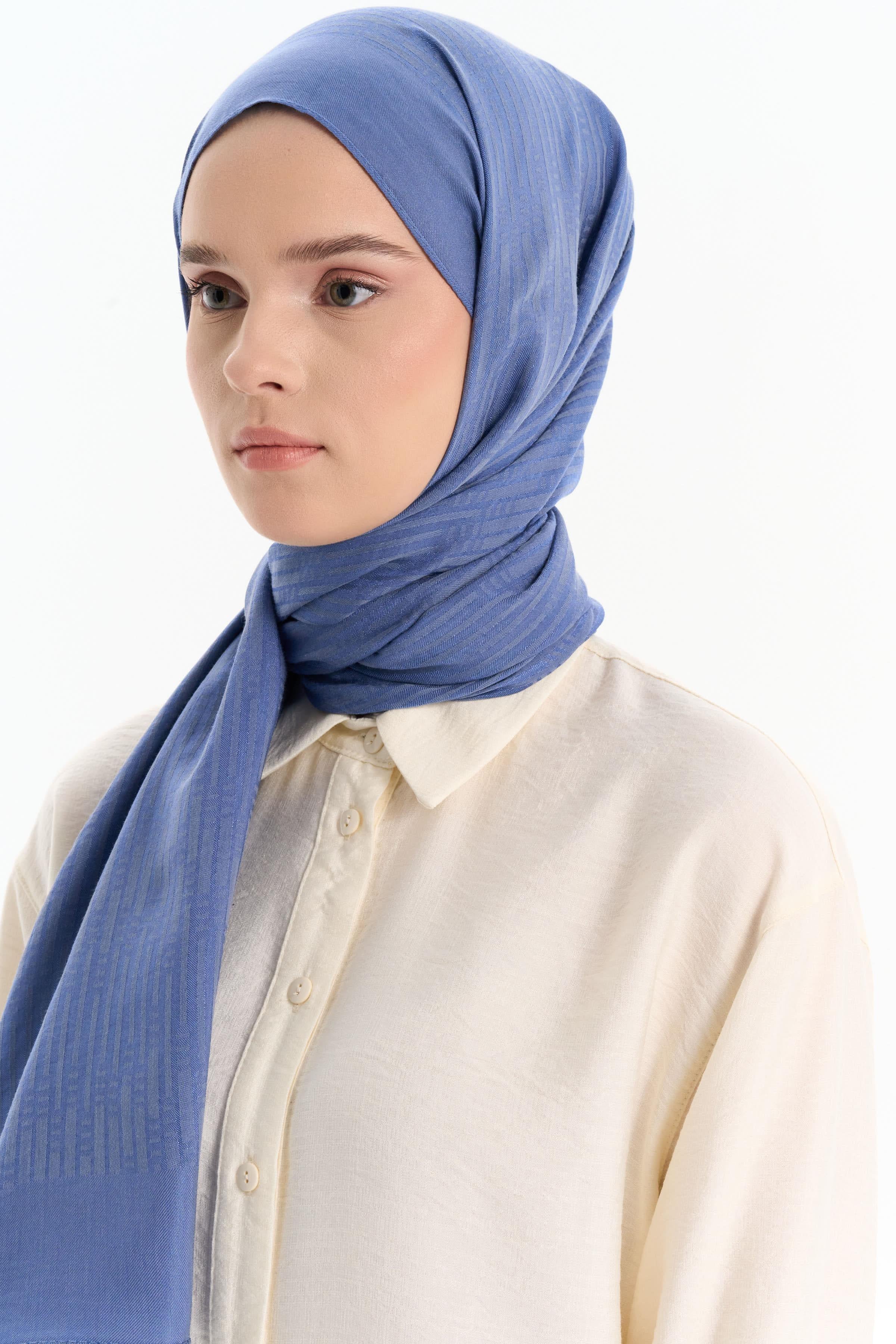 Natural Çizgisel Desenli Şal - İndigo TUGBA