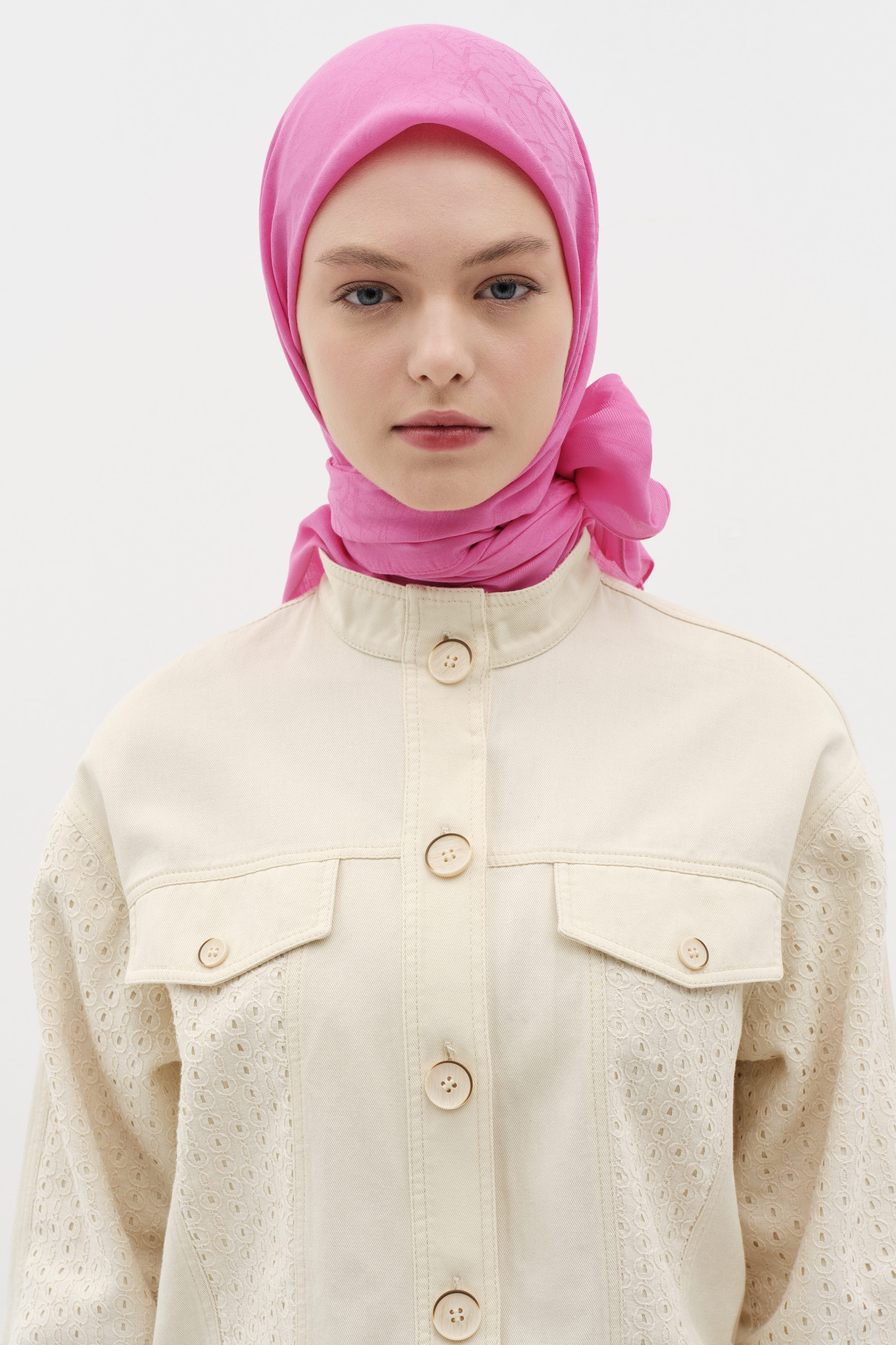 Natural Karışık Desenli Eşarp - Fuşya TUGBA