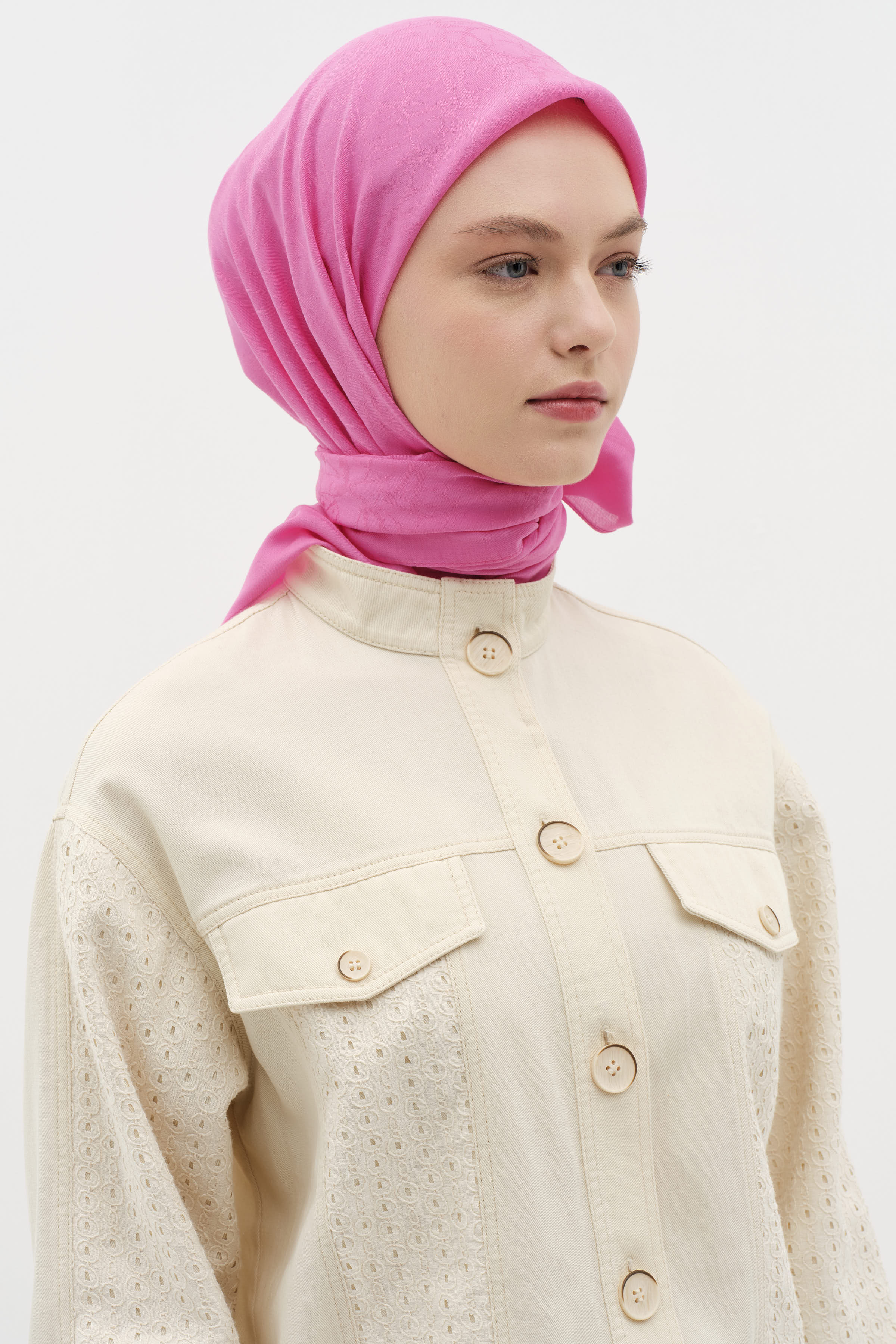 Natural Karışık Desenli Eşarp - Fuşya TUGBA