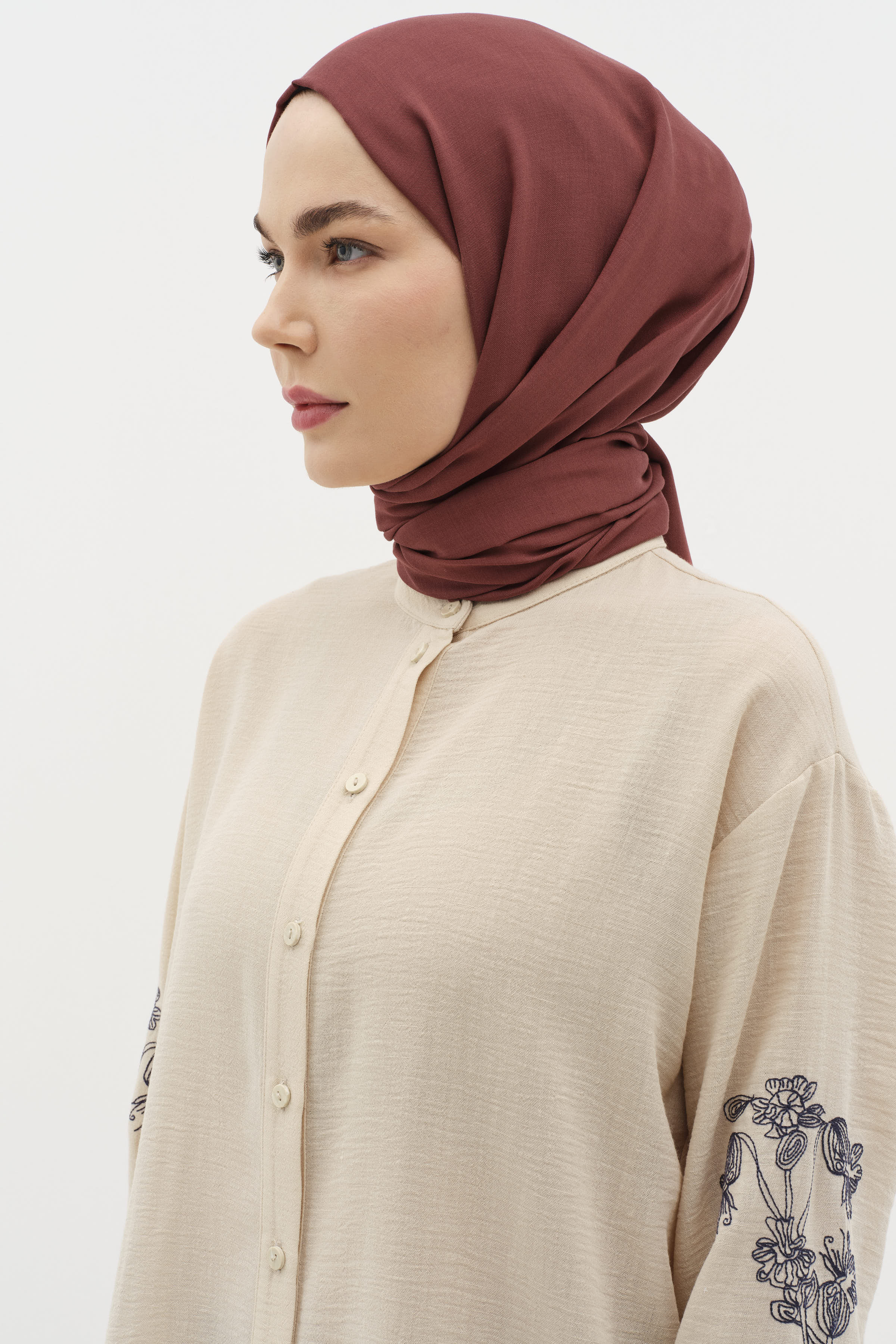 Natural Ton Sür Ton Kenarlı Şal - Bordo TUĞBA