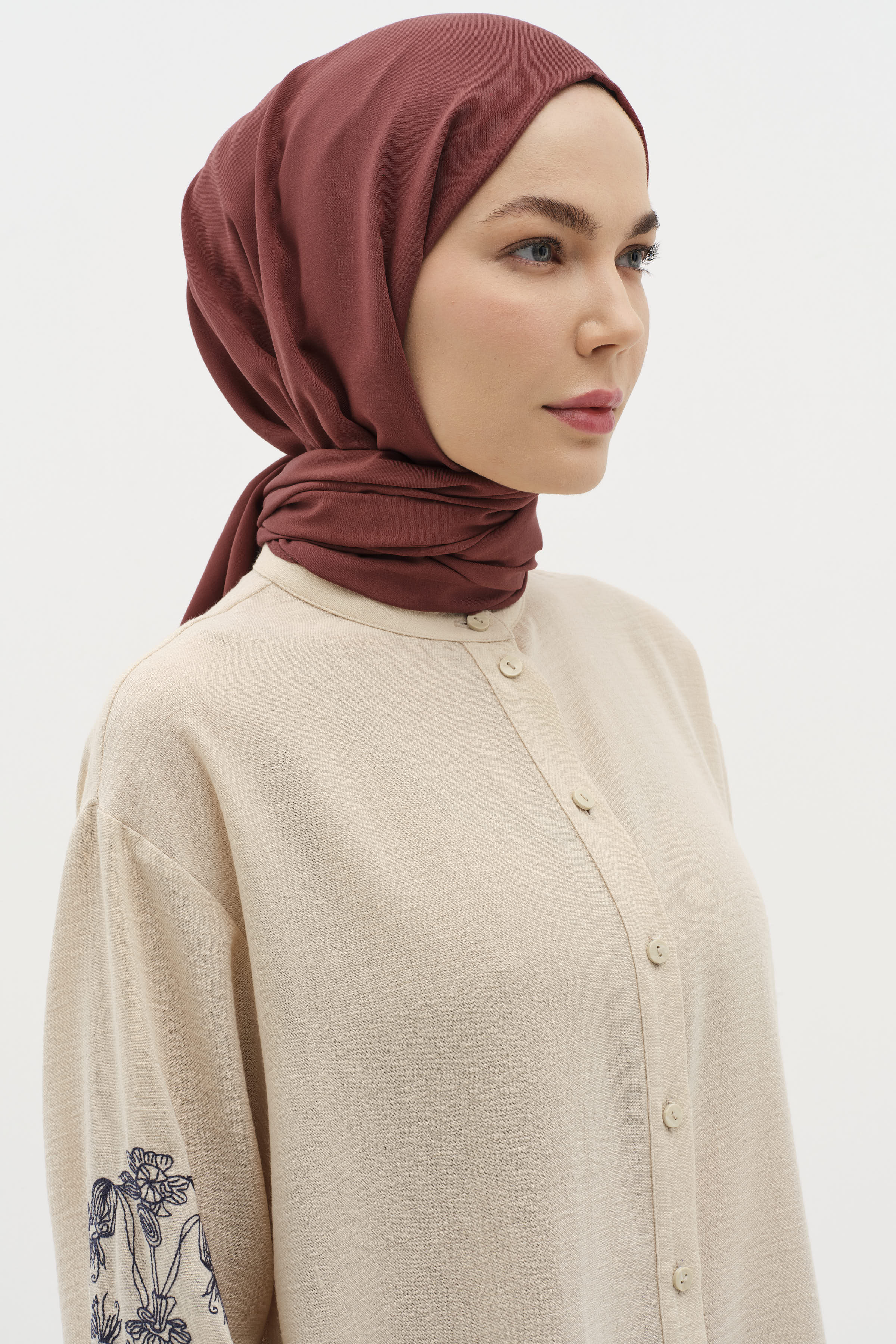 Natural Ton Sür Ton Kenarlı Şal - Bordo TUĞBA