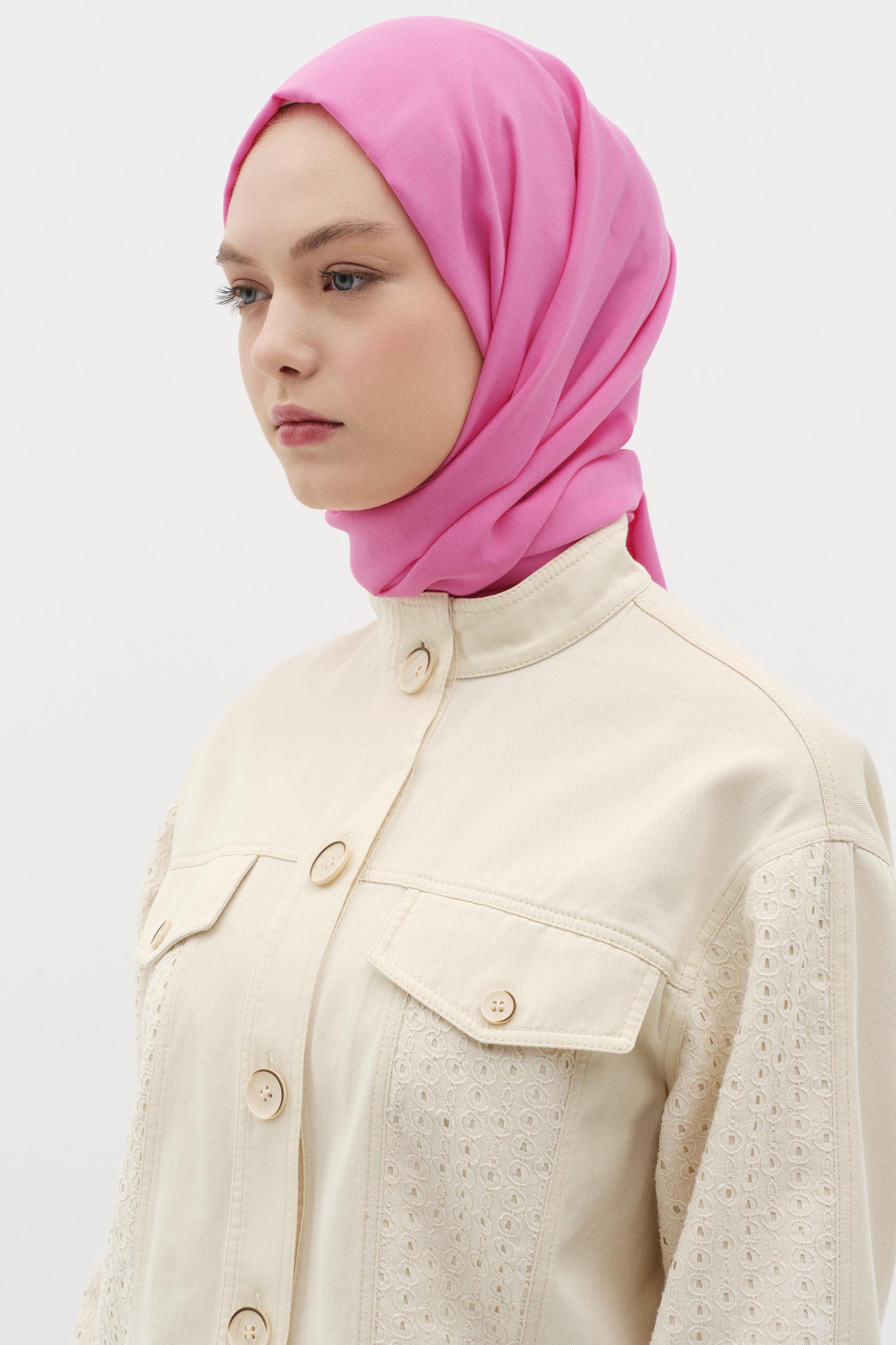 Natural Ton Sür Ton Kenarlı Şal - Fuşya TUĞBA