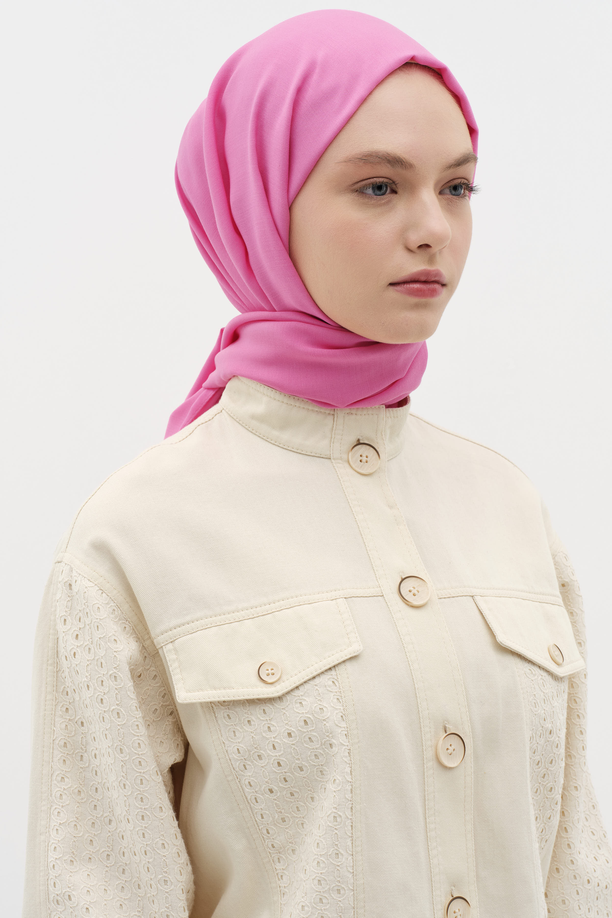 Natural Ton Sür Ton Kenarlı Şal - Fuşya TUĞBA