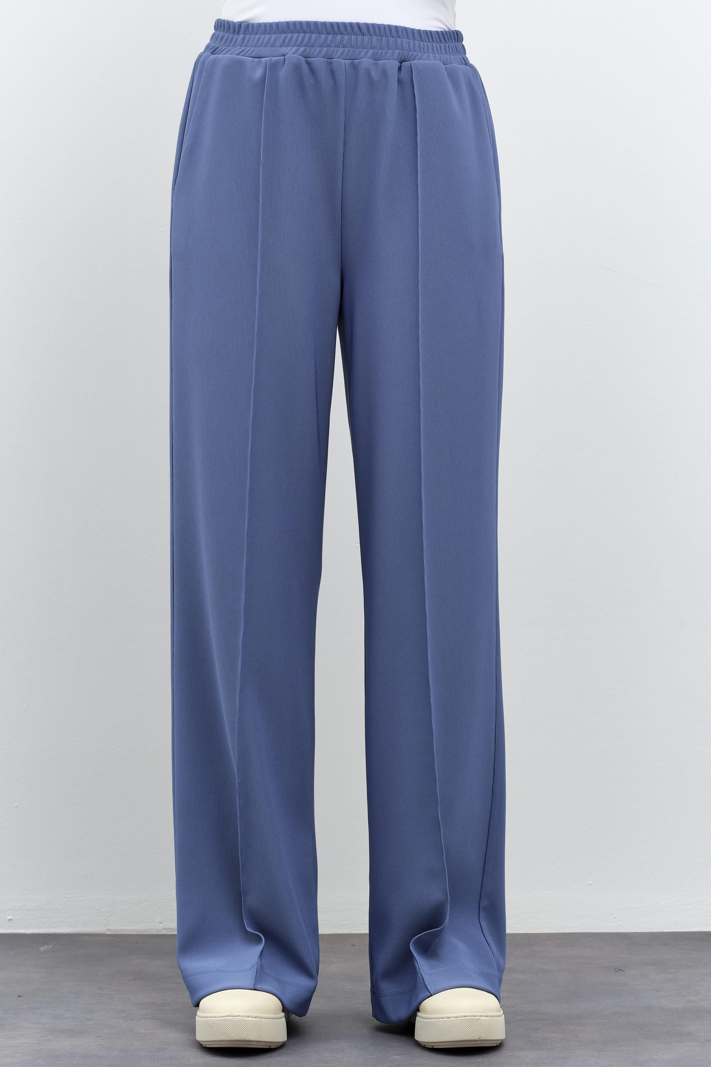 Nervür Detaylı Bel Lastikli Örme Pantolon - İndigo TUGBA