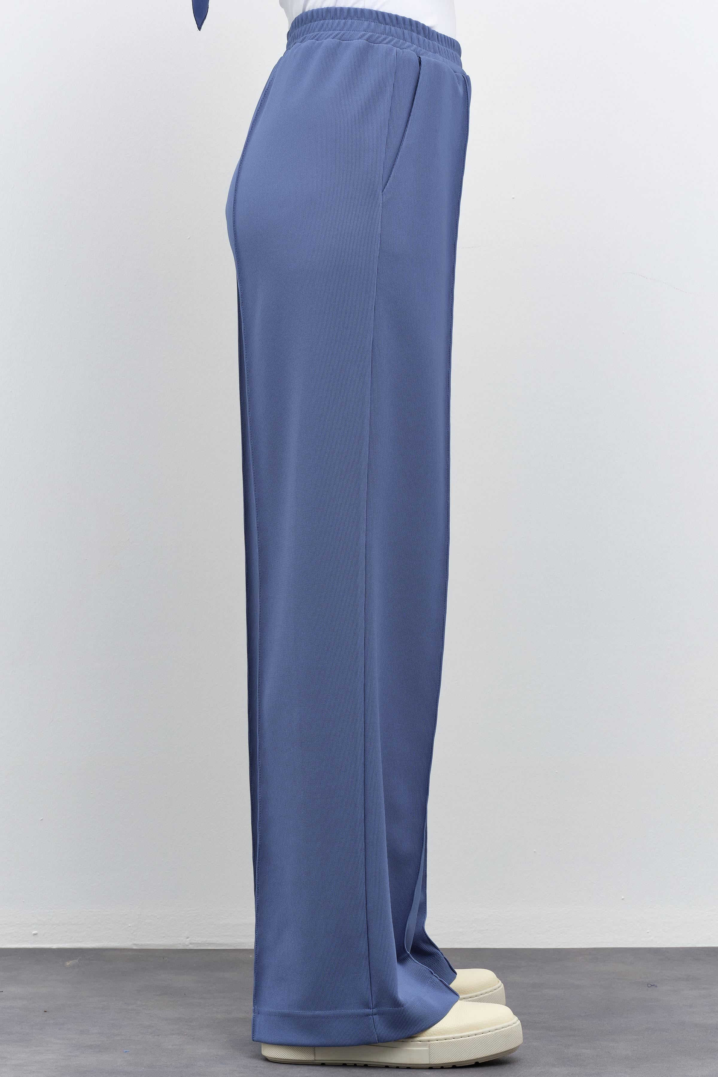 Nervür Detaylı Bel Lastikli Örme Pantolon - İndigo TUGBA