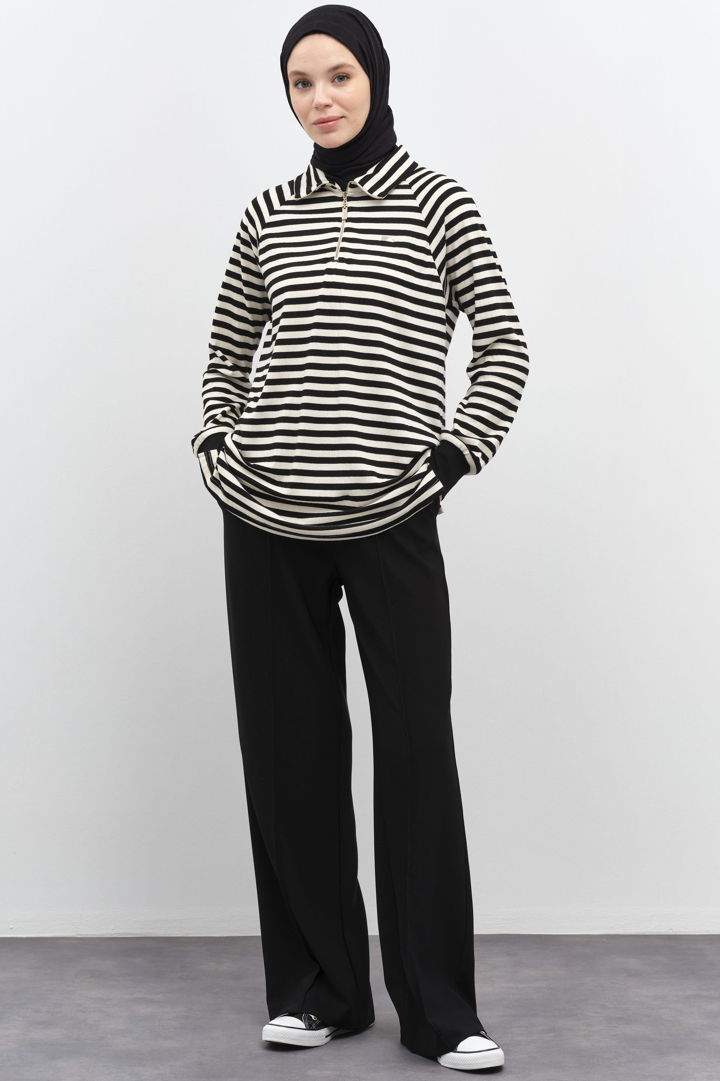 Nervür Detaylı Bel Lastikli Örme Pantolon - Siyah TUGBA