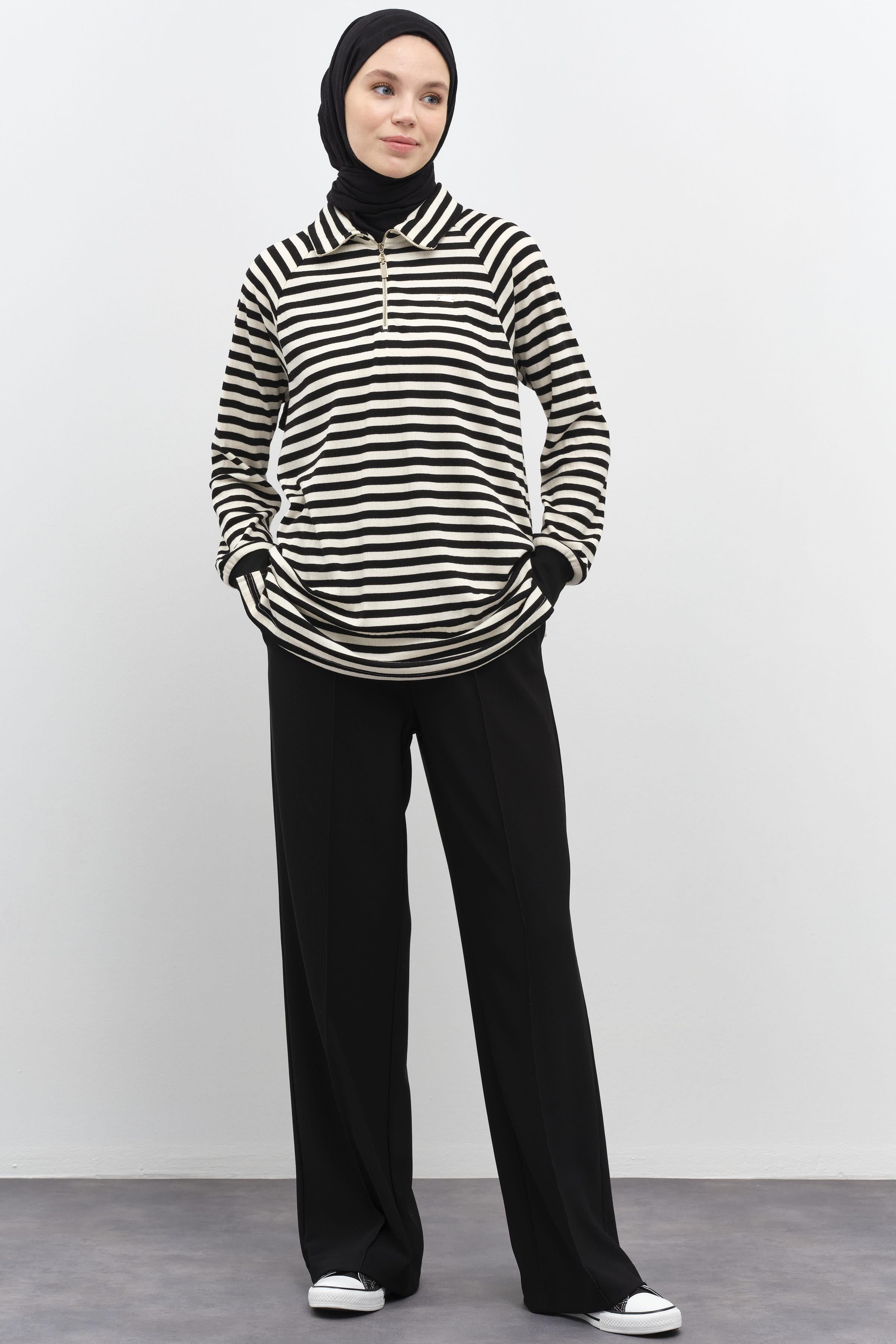 Nervür Detaylı Bel Lastikli Örme Pantolon - Siyah TUGBA