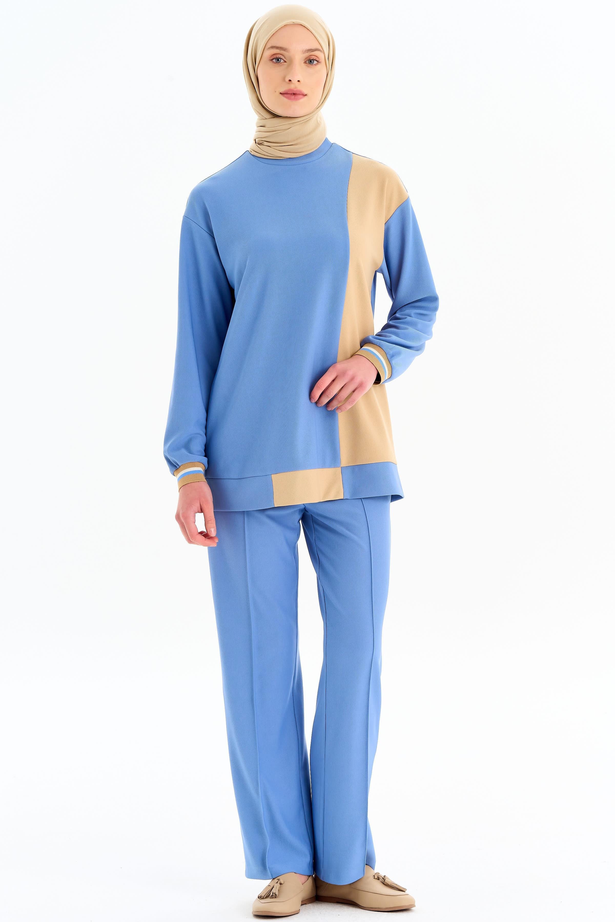 Nervür Detaylı Bol Paça Pantolon - İndigo TUGBA