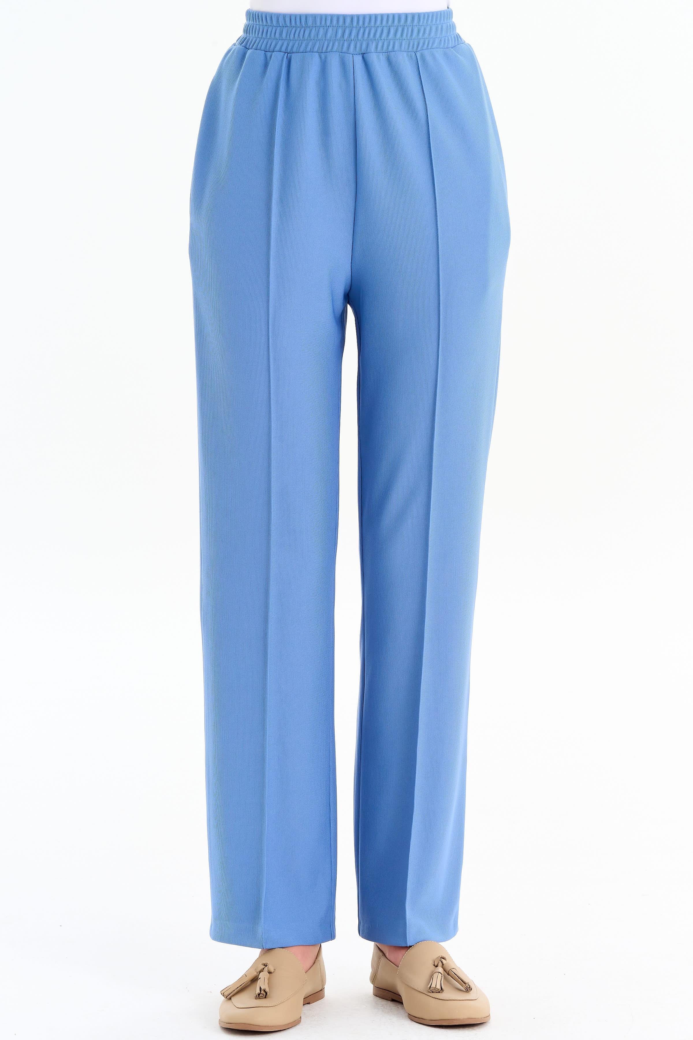 Nervür Detaylı Bol Paça Pantolon - İndigo TUGBA