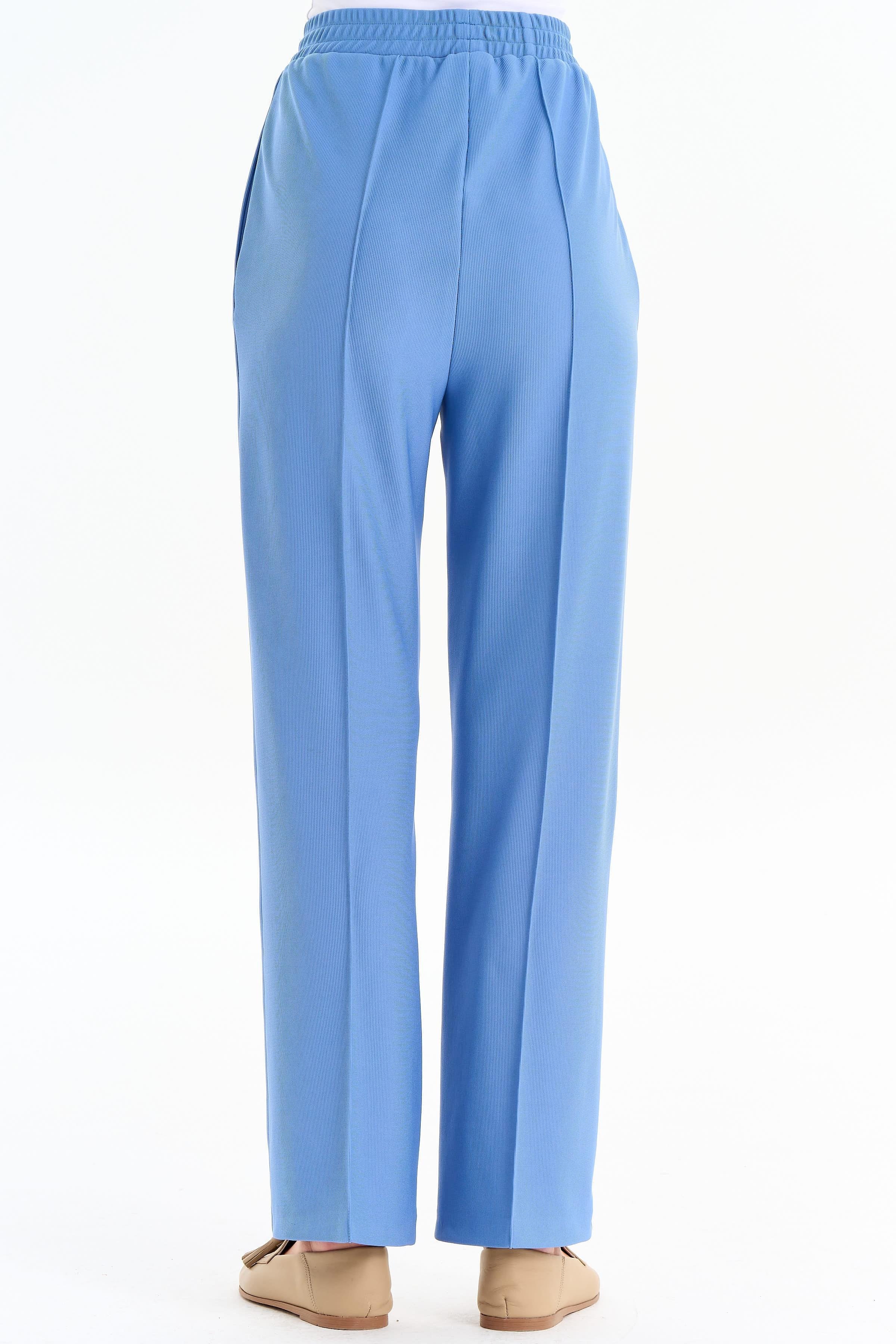 Nervür Detaylı Bol Paça Pantolon - İndigo TUGBA