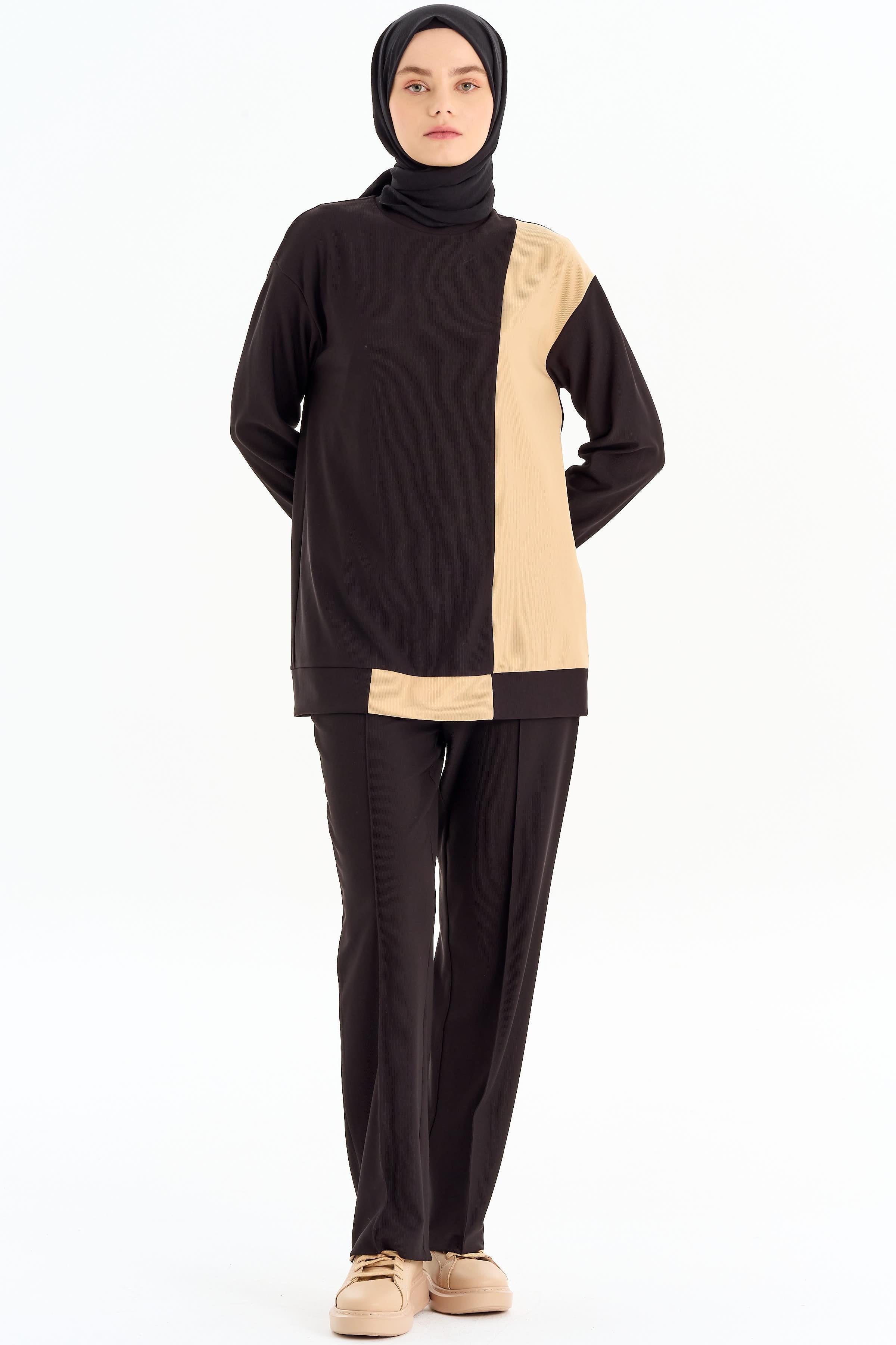 Nervür Detaylı Bol Paça Pantolon - Siyah TUGBA