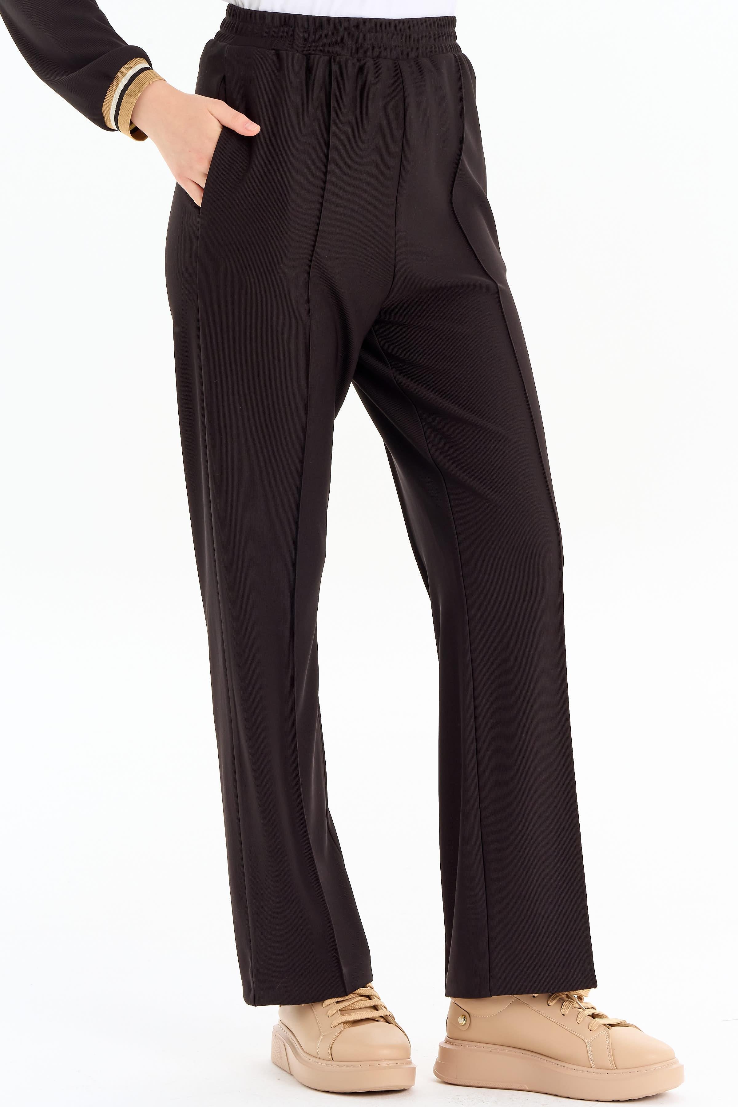 Nervür Detaylı Bol Paça Pantolon - Siyah TUGBA