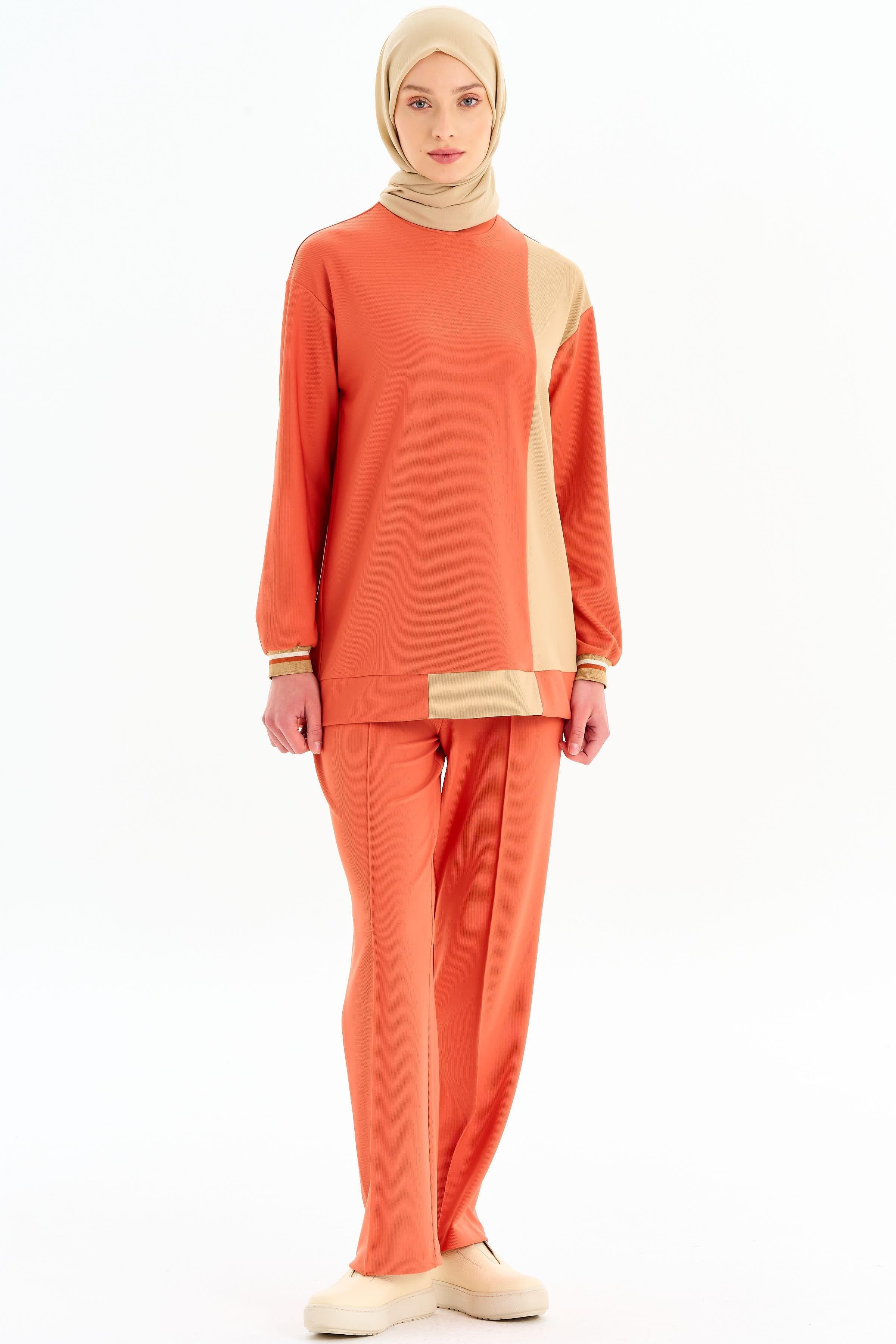 Nervür Detaylı Bol Paça Pantolon - Turuncu TUGBA