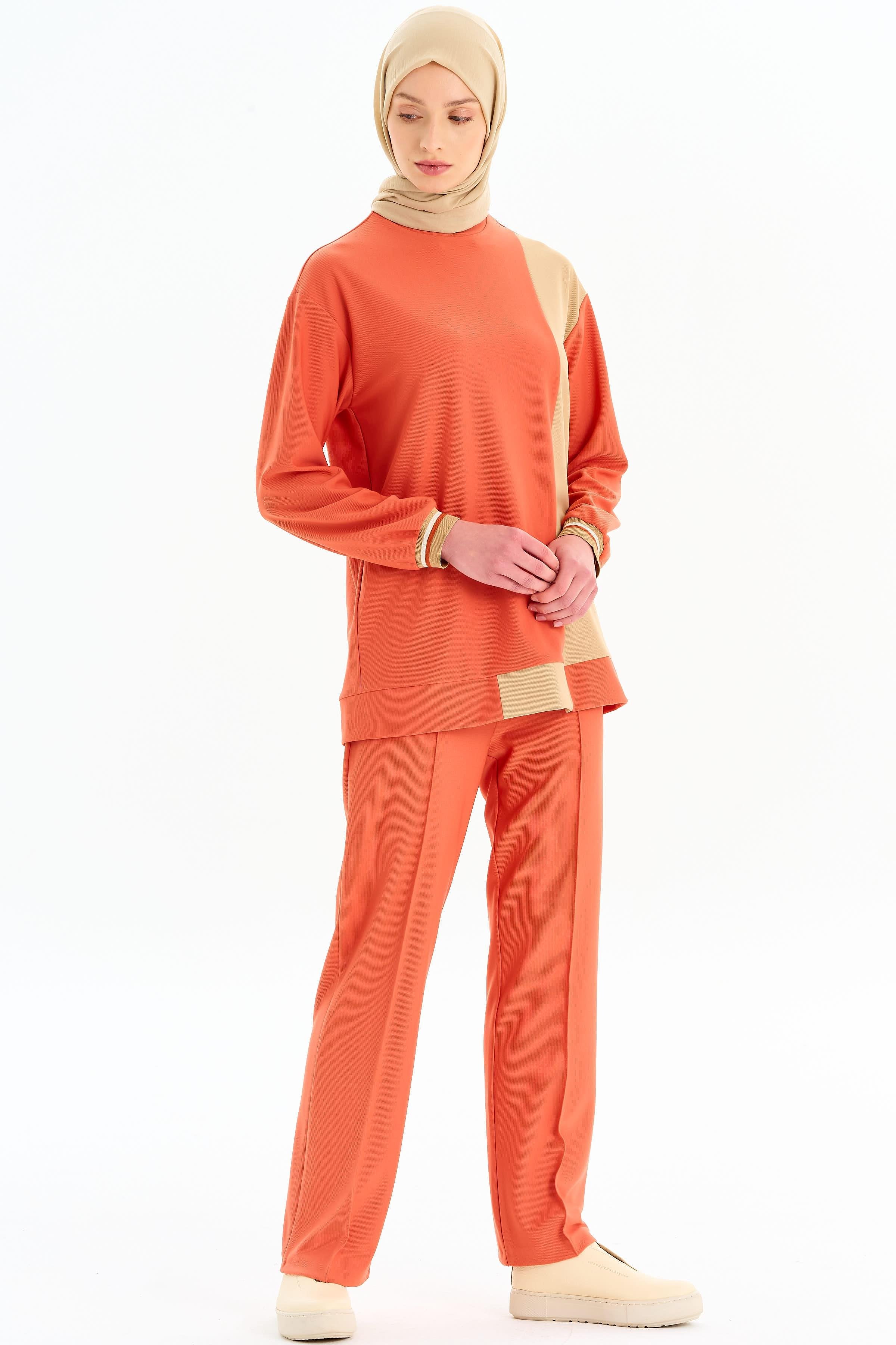 Nervür Detaylı Bol Paça Pantolon - Turuncu TUGBA