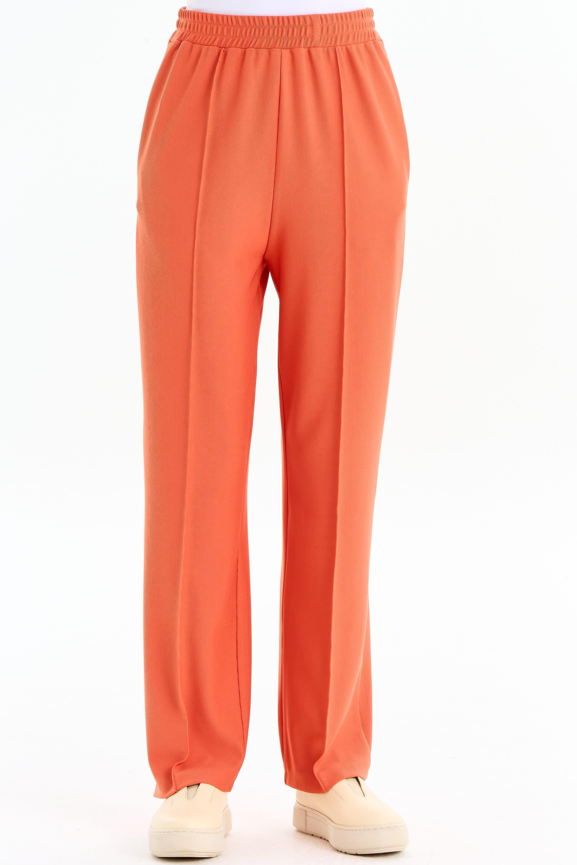 Nervür Detaylı Bol Paça Pantolon - Turuncu TUGBA