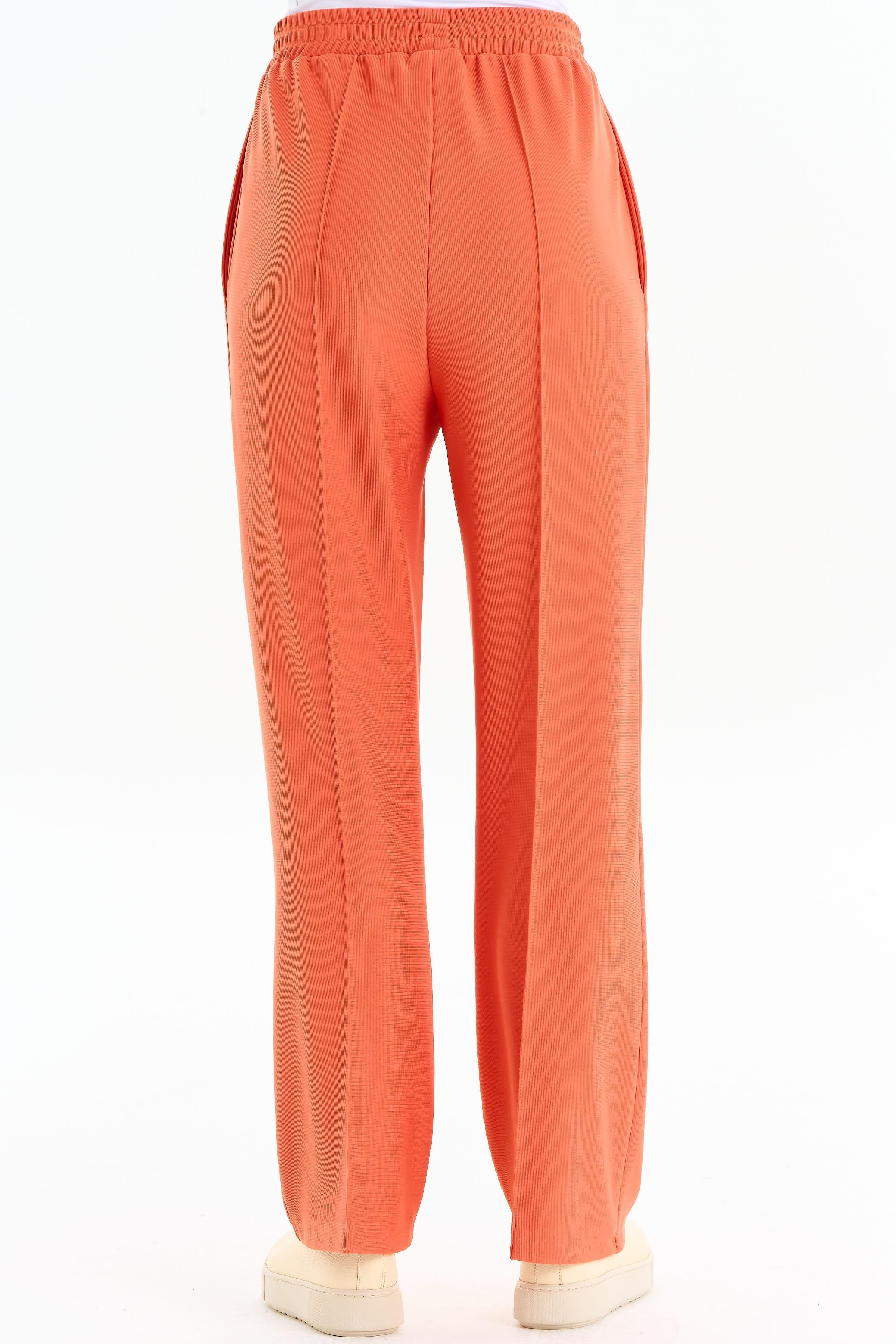 Nervür Detaylı Bol Paça Pantolon - Turuncu TUGBA