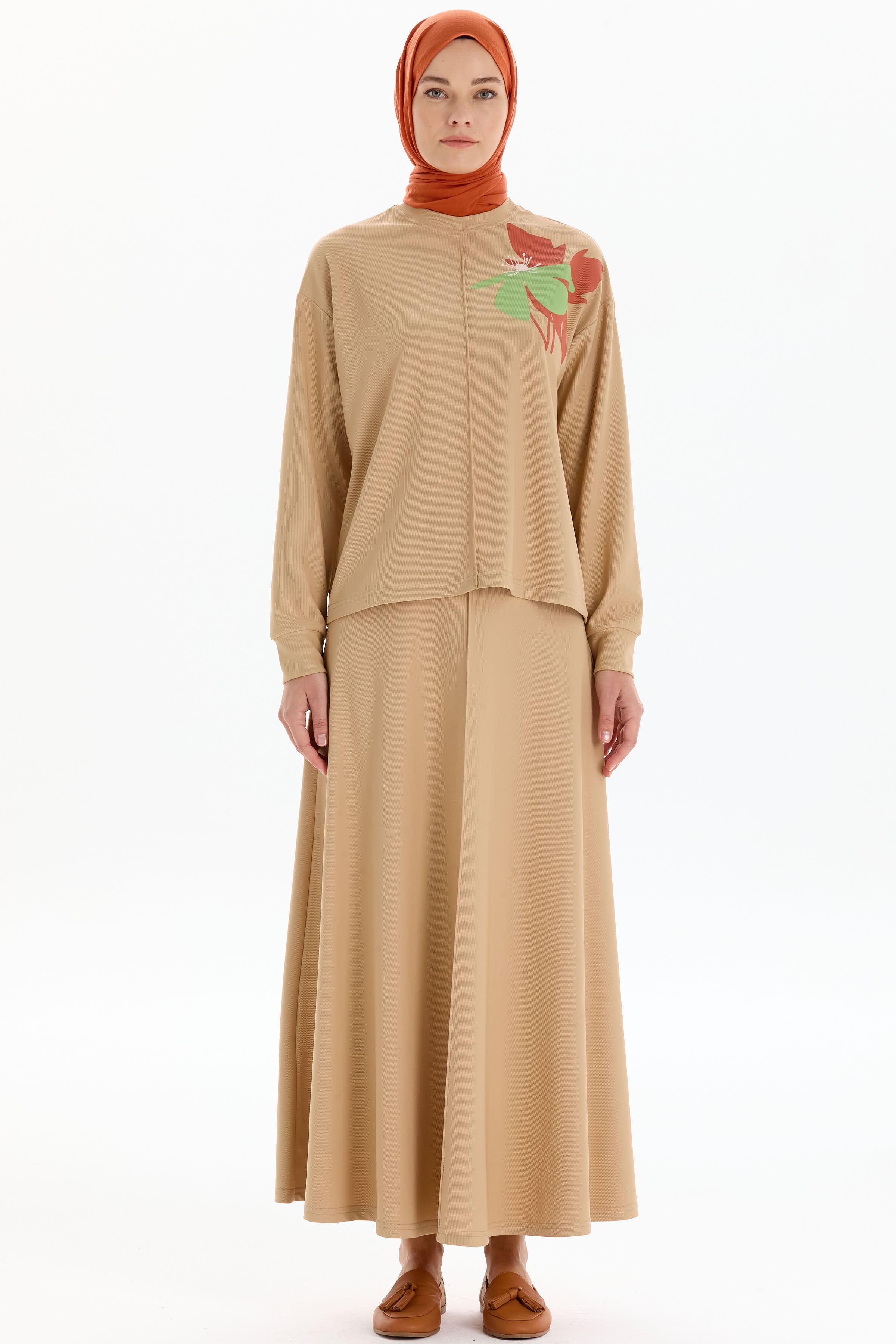 Nervür Detaylı Örme Bluz Etek Takım - Bej TUGBA