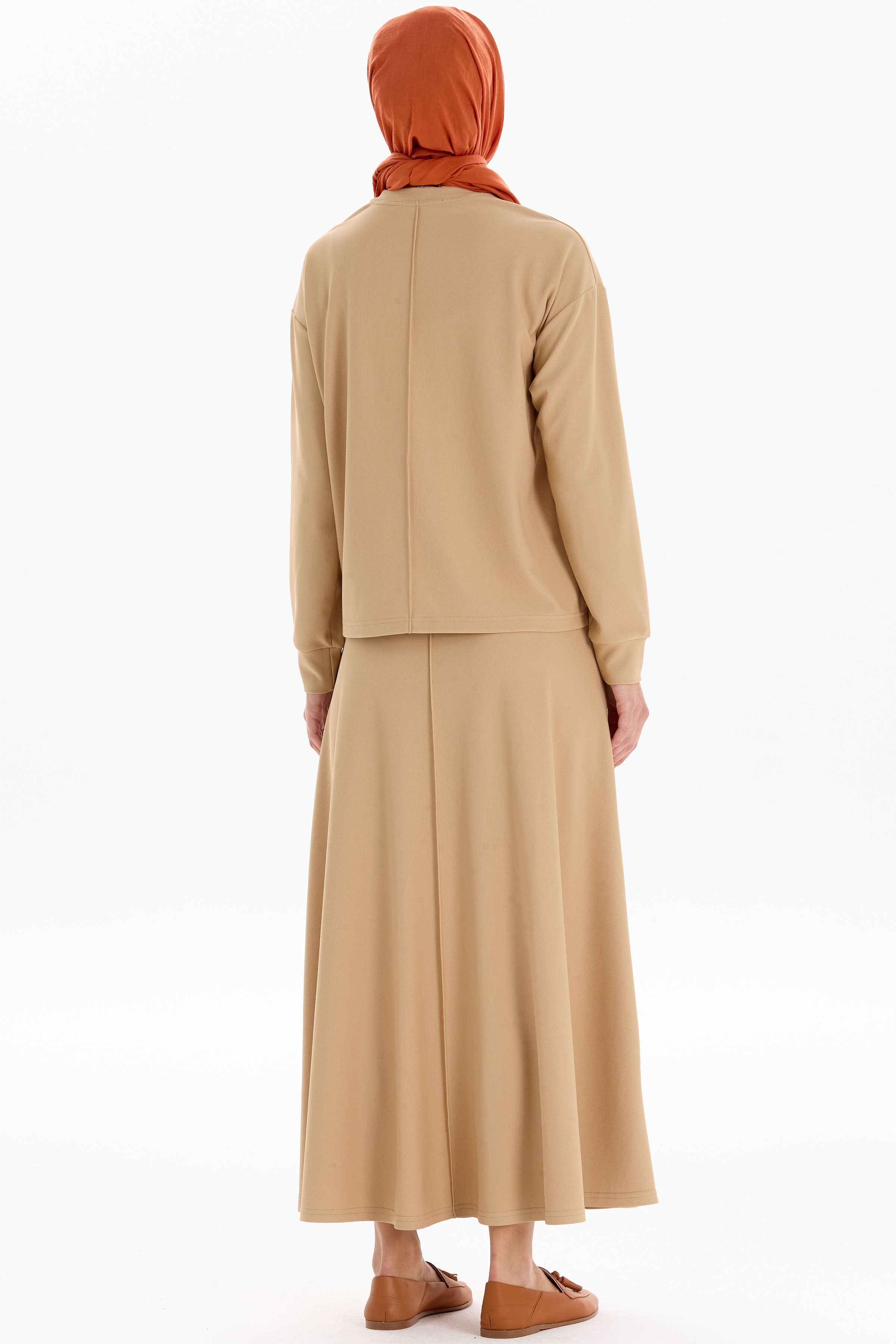 Nervür Detaylı Örme Bluz Etek Takım - Bej TUGBA