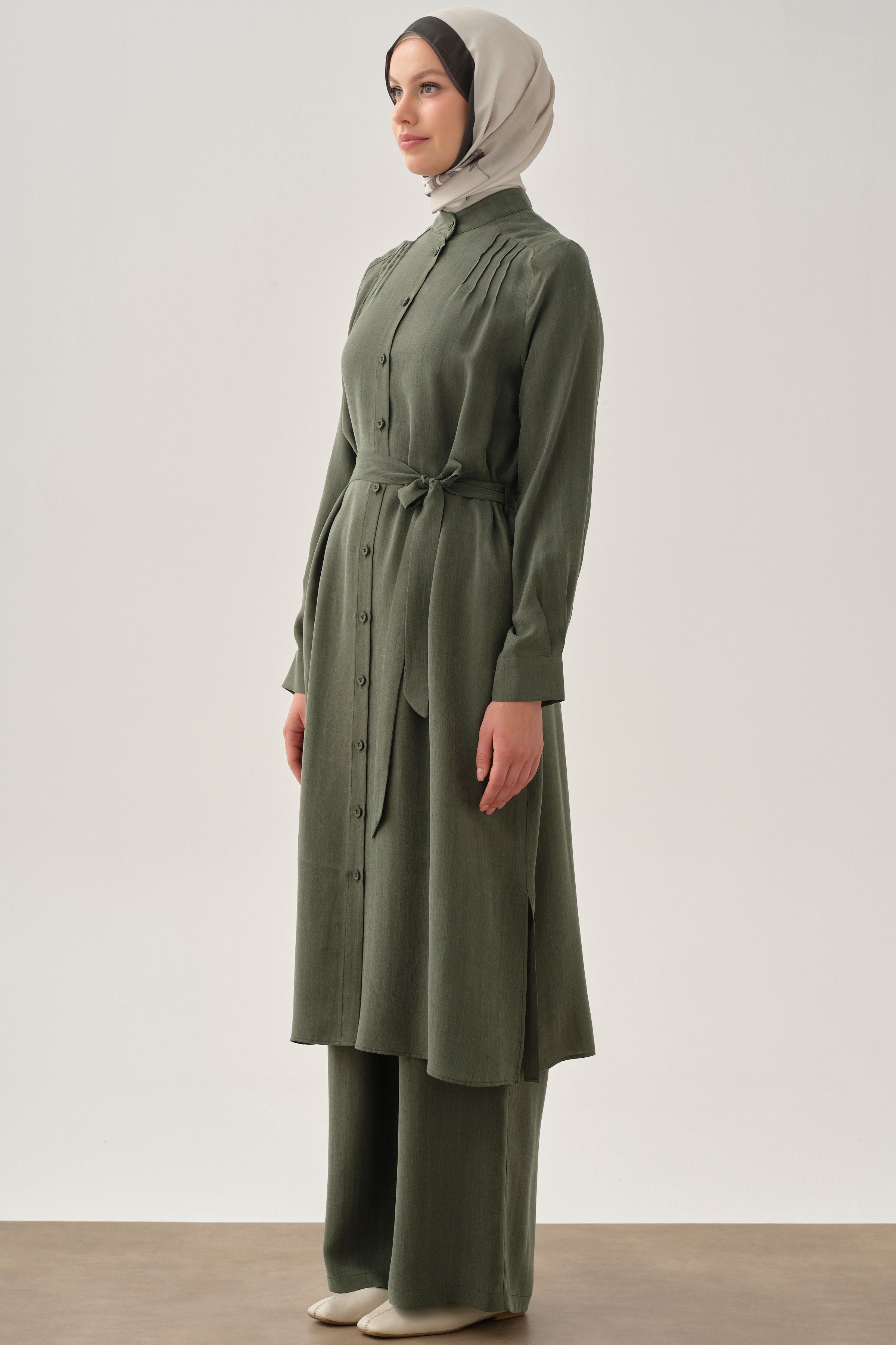 Nervür Detaylı Uzun Tunik - Haki TUGBA